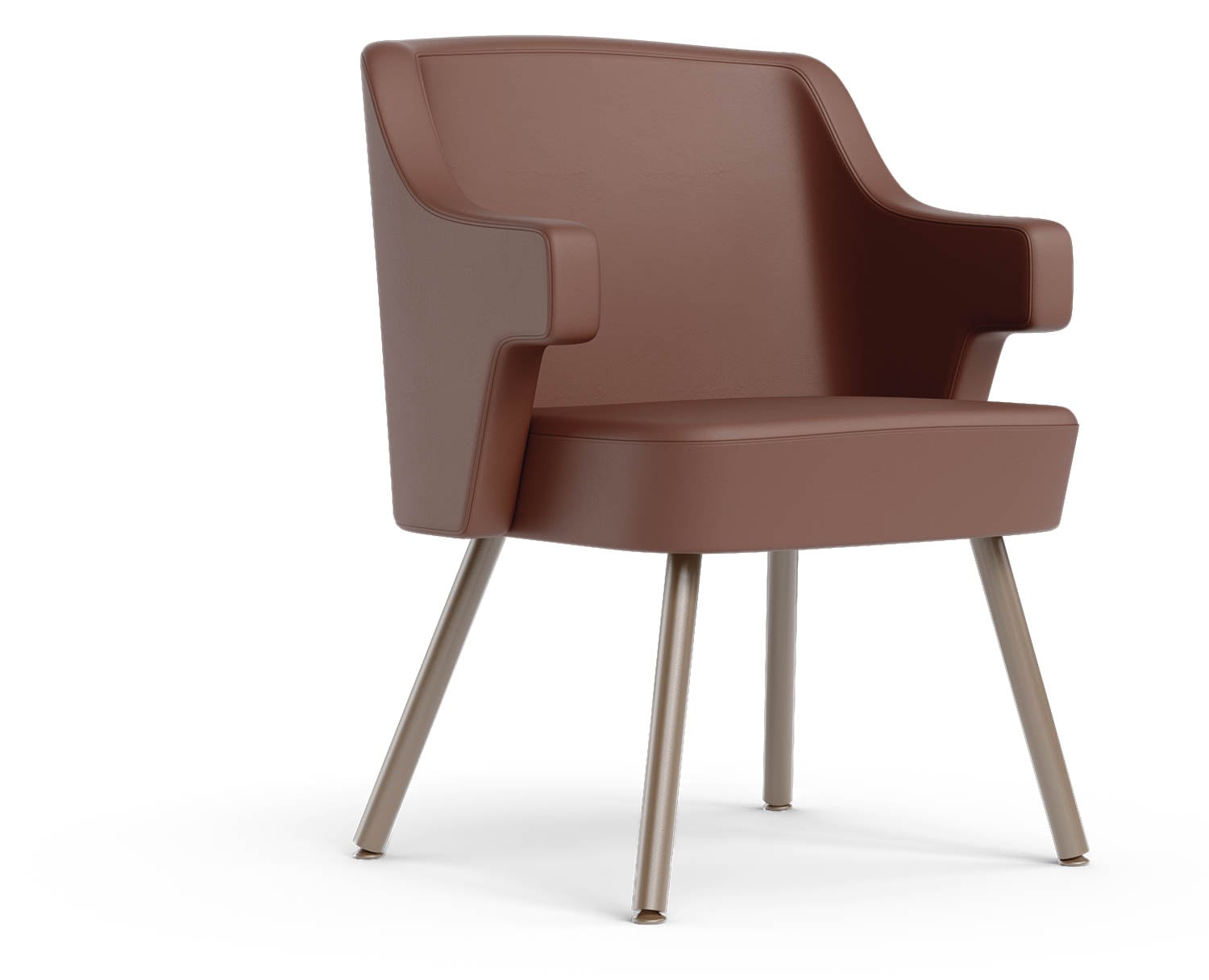 A brown armchair with a boxy seat, angled metal legs, and curved armrests, shown against a white background.