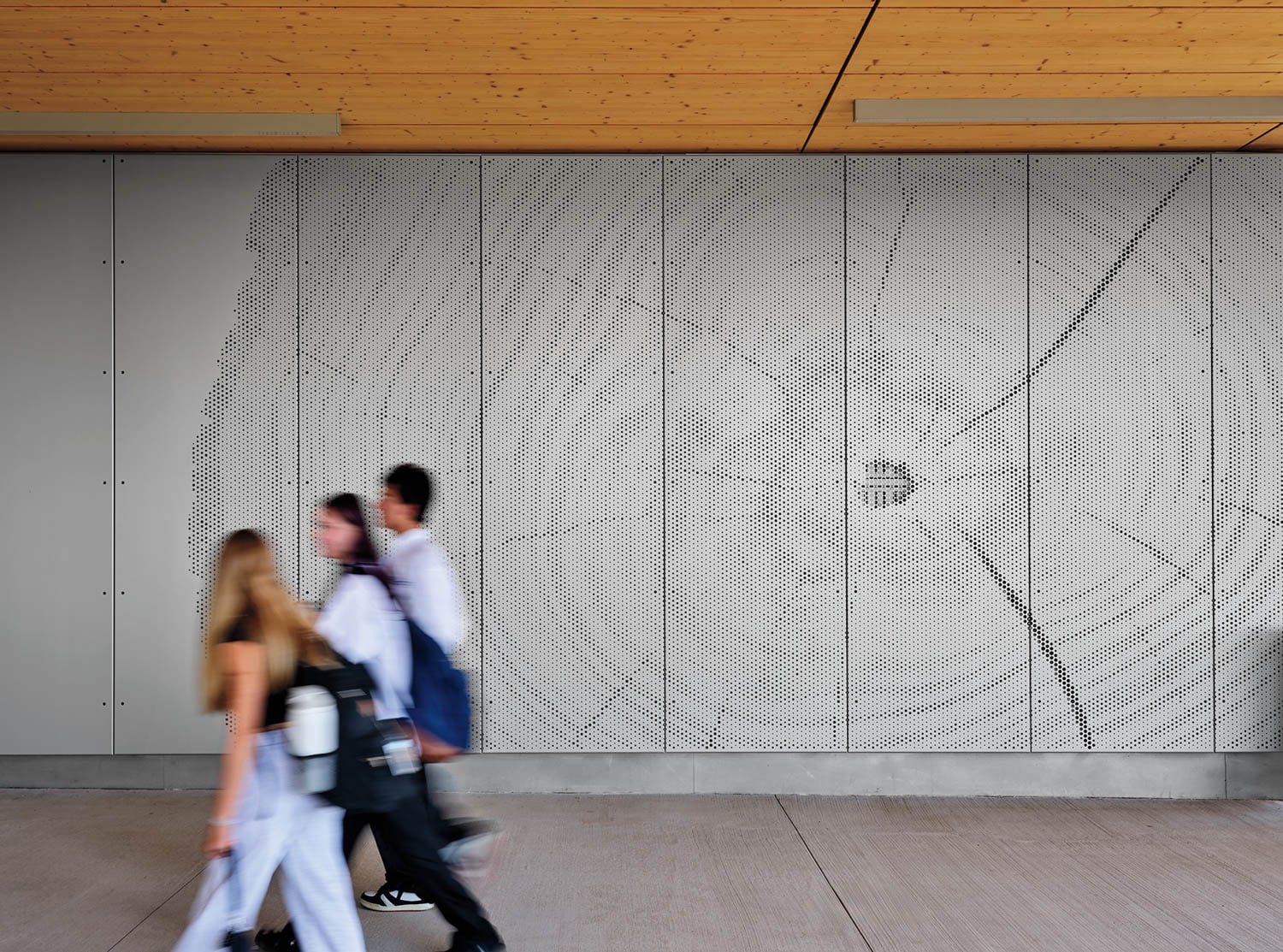 Four people walk past a large wall mural resembling a detailed cross-section of a tree trunk under a wooden ceiling.