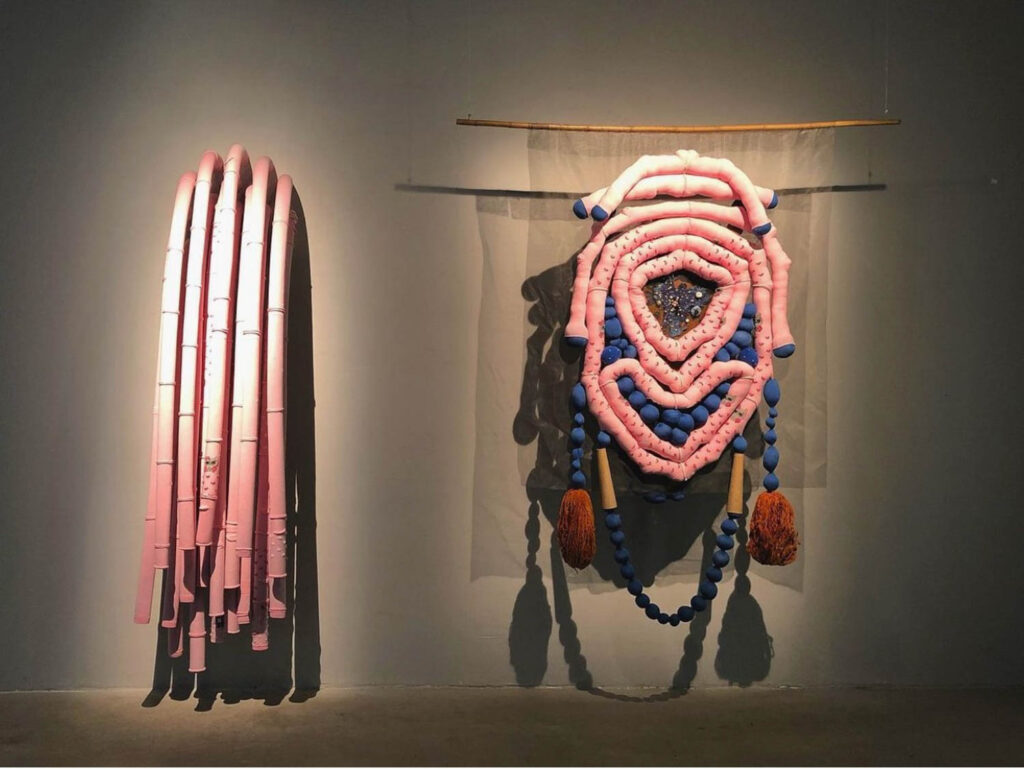 Two abstract textile sculptures are displayed on a wall; the left piece features vertical pink elements, while the right piece consists of layered pink and blue shapes with hanging elements.