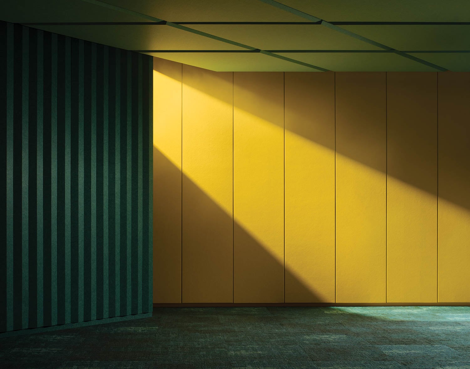 A room with yellow wall panels lit by sunlight, casting a diagonal shadow; the adjacent wall is dark with vertical stripes, and the floor is carpeted in muted tones.