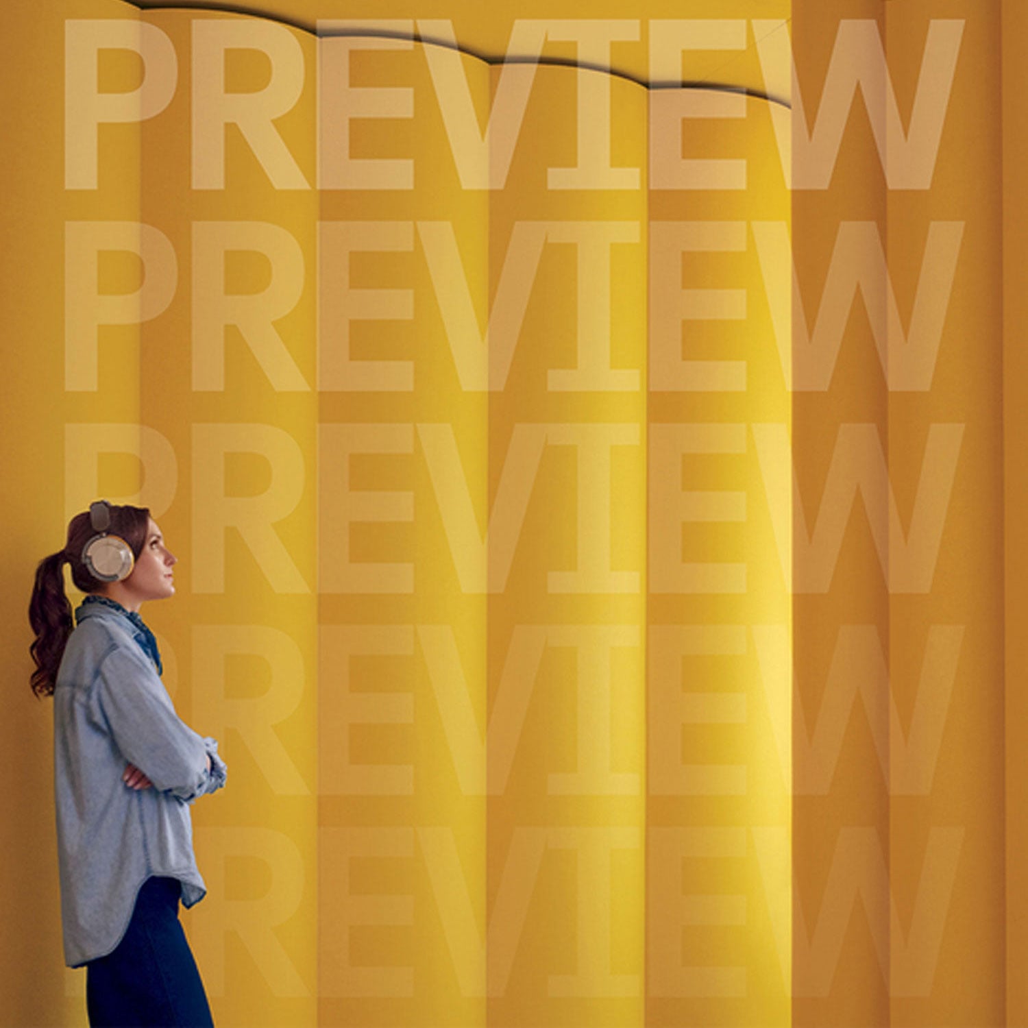 A person wearing headphones stands in front of large yellow vertical panels. The word "PREVIEW" is repeatedly overlaid on the image.