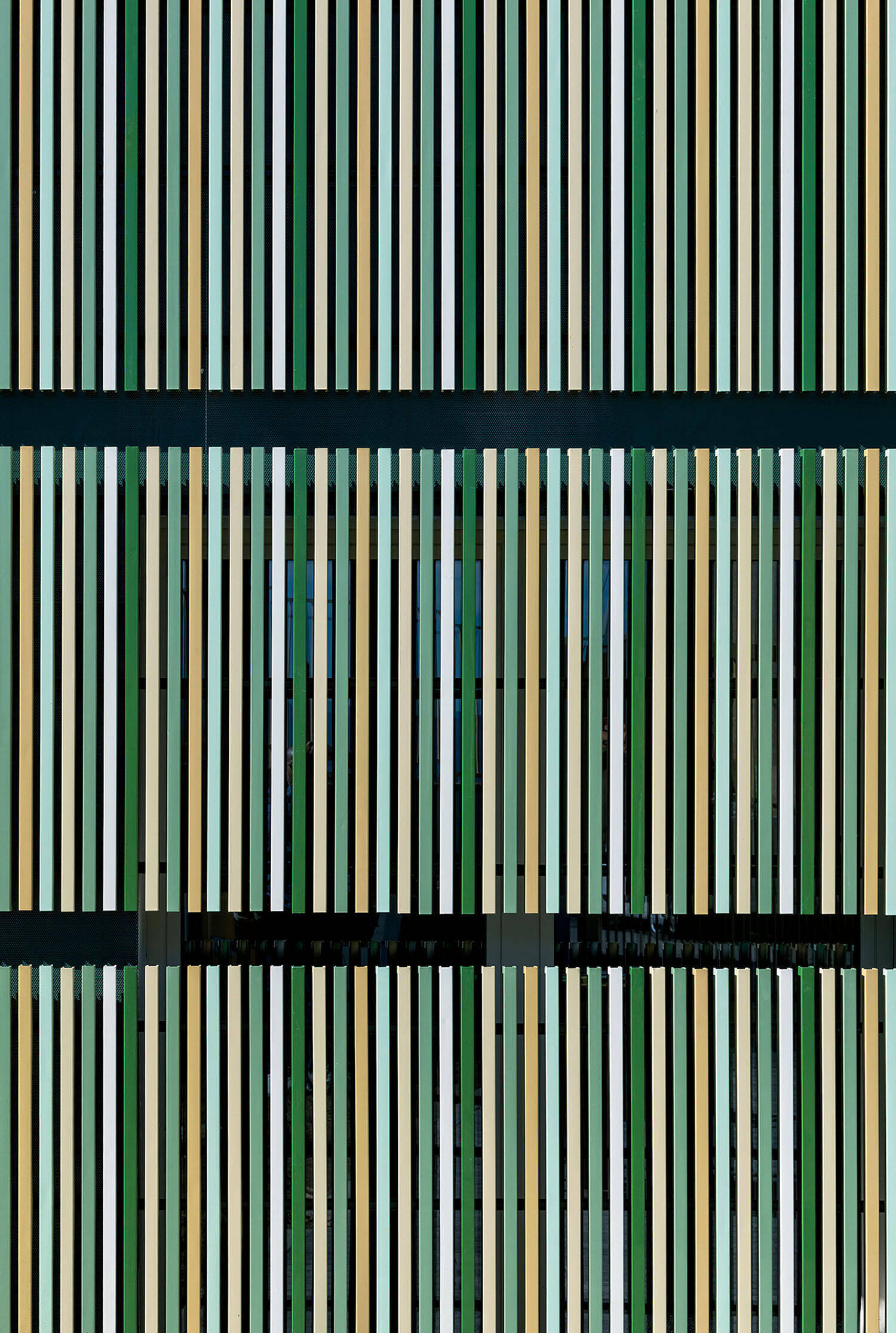 Vertical slats in alternating light and dark tones form a repetitive, uniform pattern on a building facade.