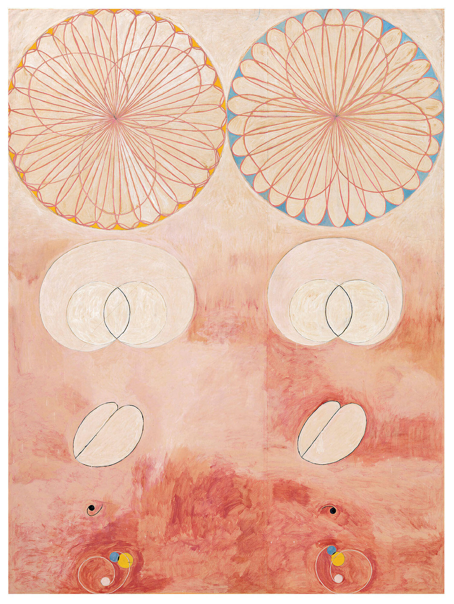Abstract artwork featuring two large circular geometric patterns at the top, with overlapping ovals and circles in shades of pink, beige, and red below.