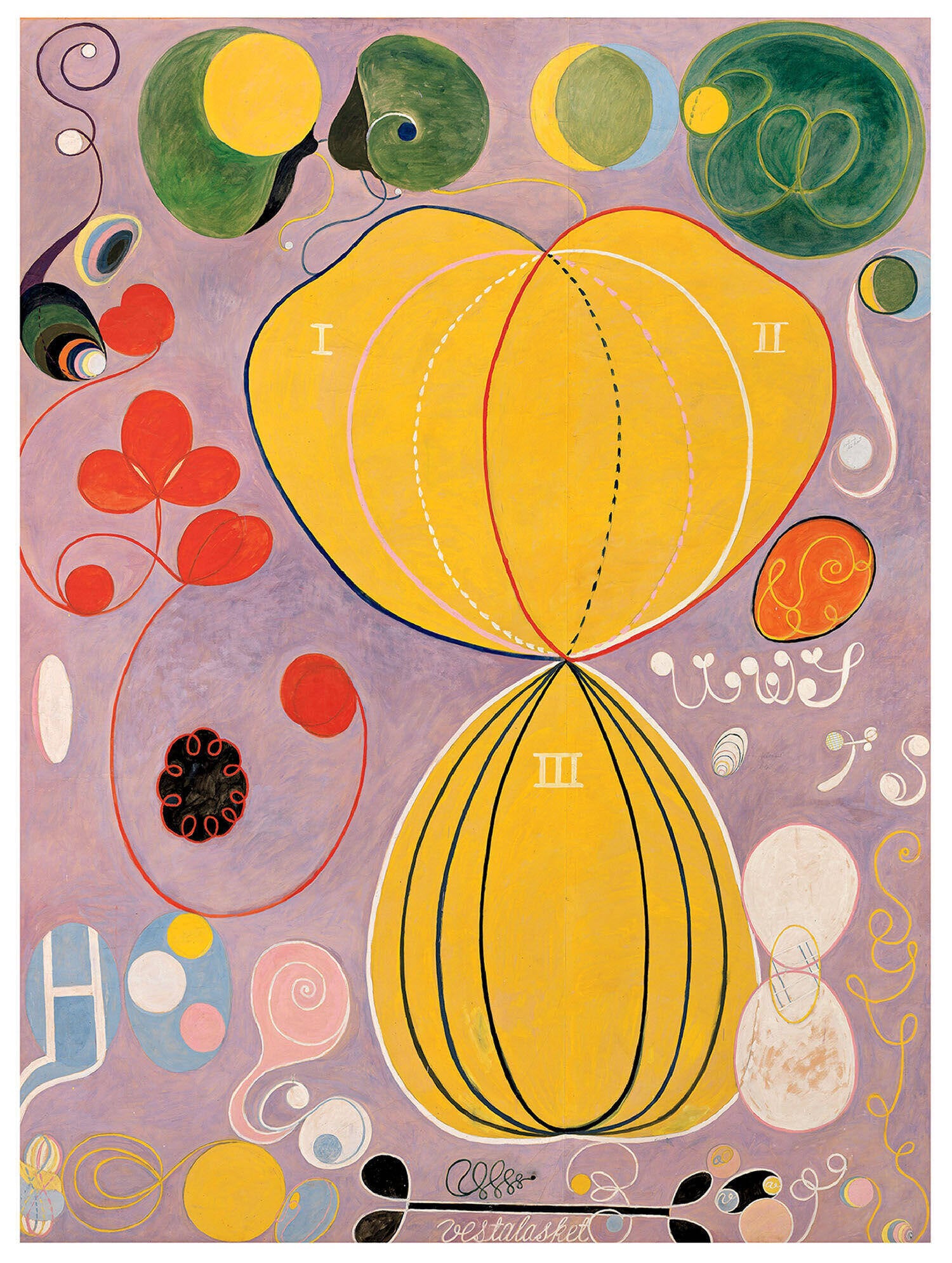 Abstract painting with yellow, red, green, and white organic shapes and swirls on a purple background, labeled with roman numerals I, II, and III.