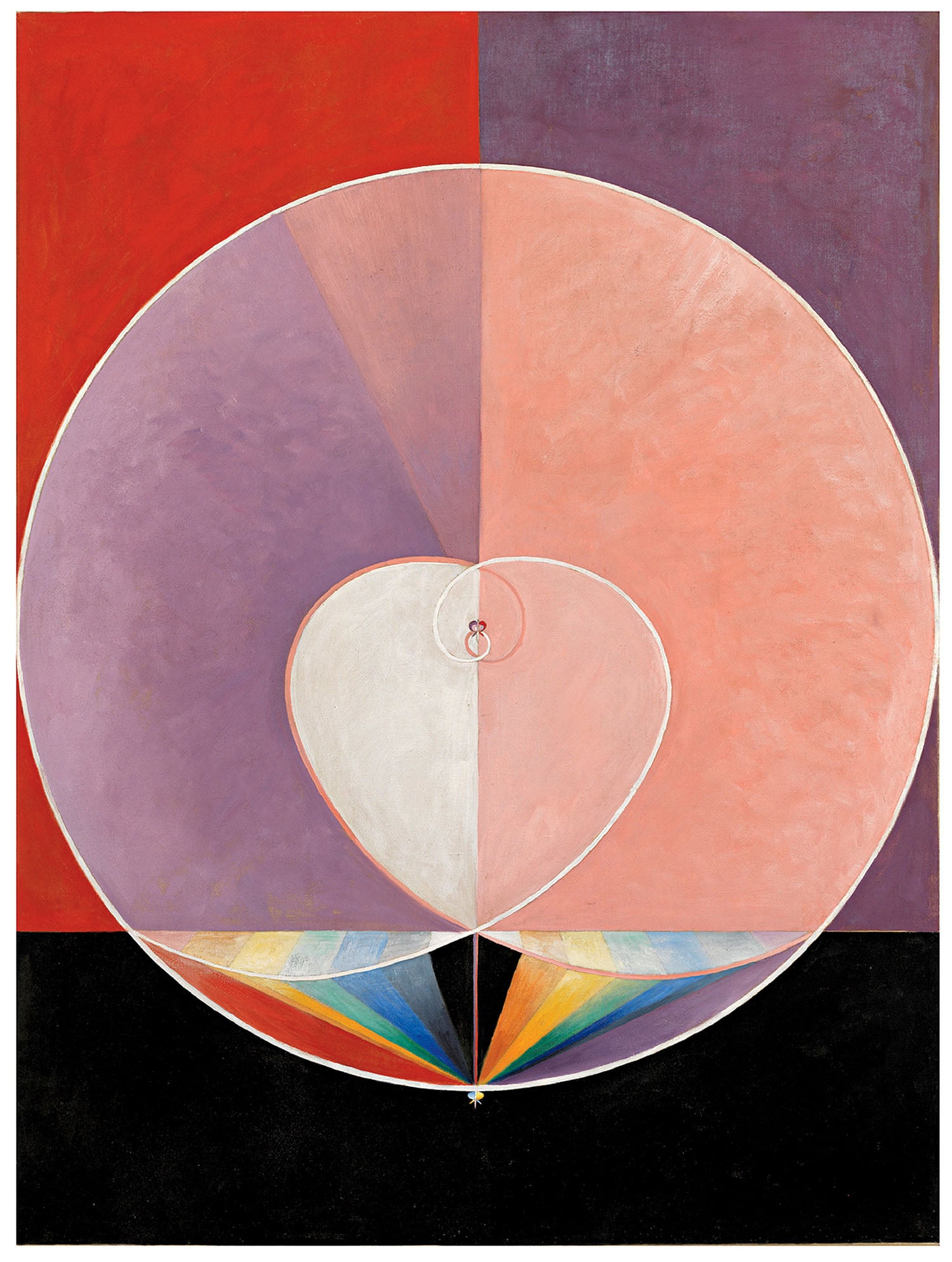 Abstract painting featuring symmetrical circles and heart shapes in pastel pink, lavender, and red tones, with geometric colored segments at the bottom against a black background.