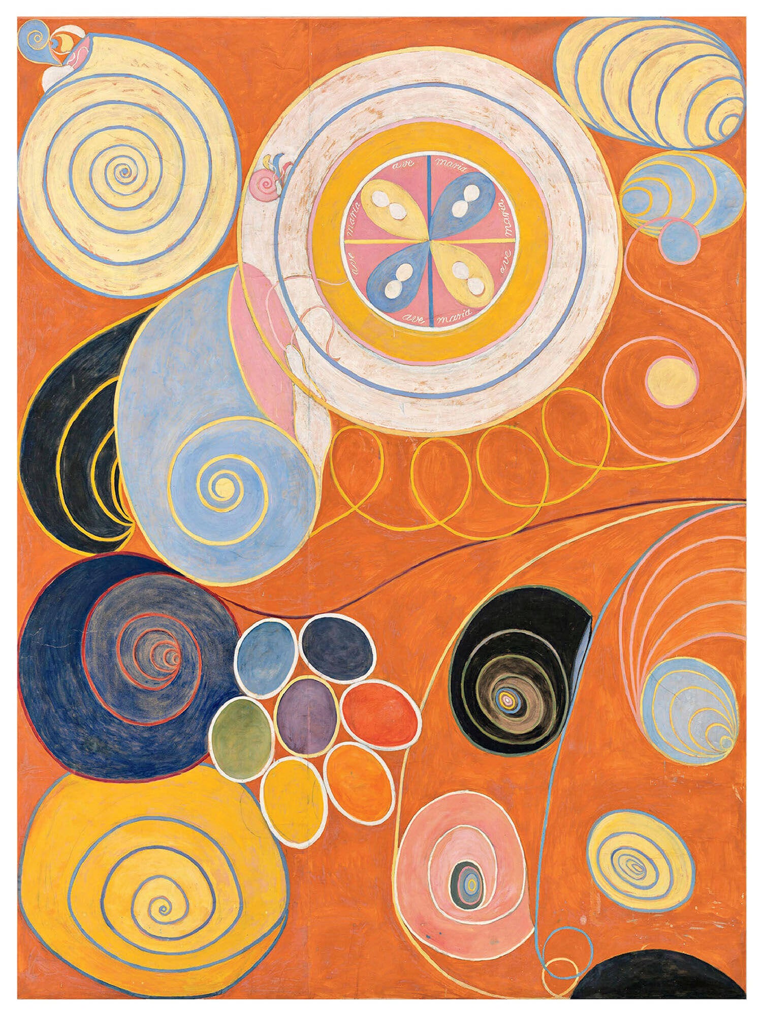 Abstract painting featuring colorful spirals, circles, and ovals on an orange background, with swirling lines and geometric patterns throughout the composition.