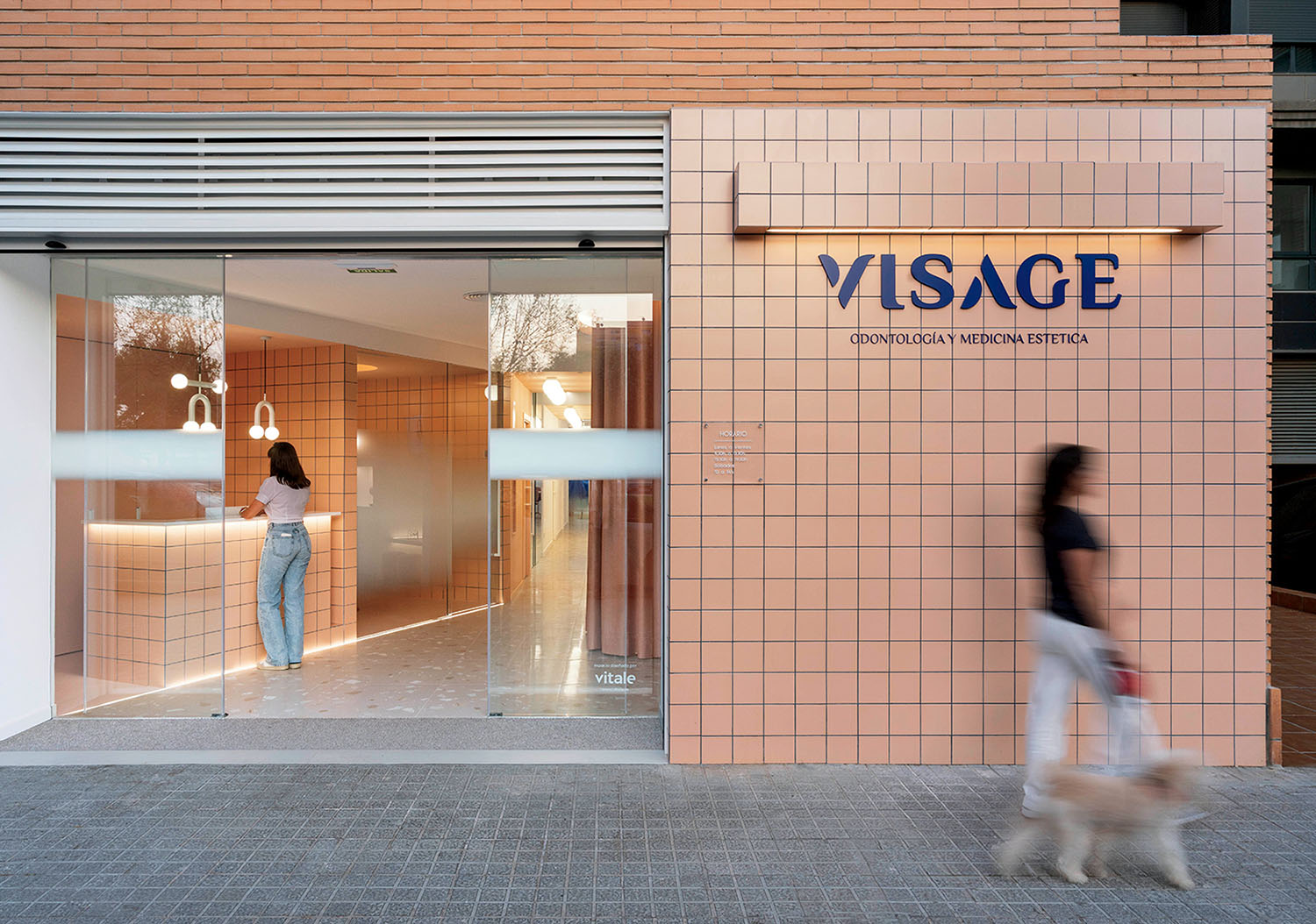Modern clinic exterior with peach-colored tiles, glass entrance, and "VISAGE" sign; one person stands inside at the counter, another walks a dog outside.