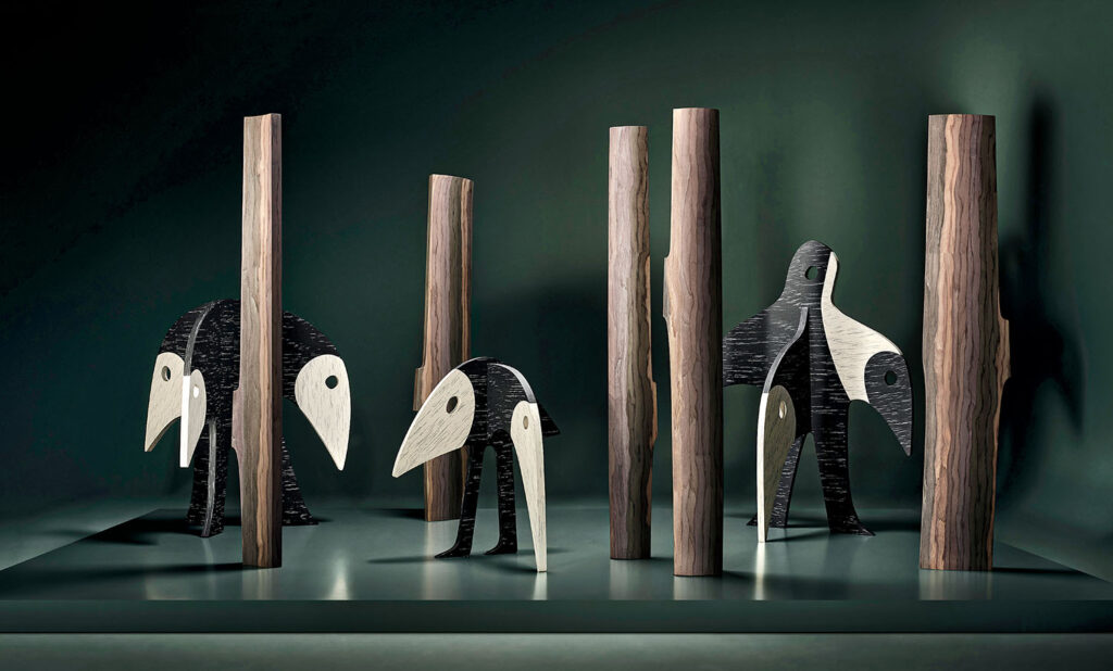 Several abstract, bird-like sculptures with black and white surfaces stand among vertical wooden columns on a green background.