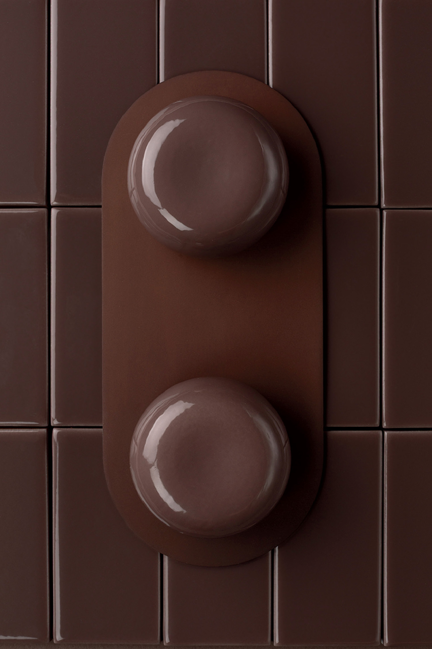 Two glossy, dome-shaped brown objects mounted vertically on a rectangular brown base, set against a background of square brown tiles.