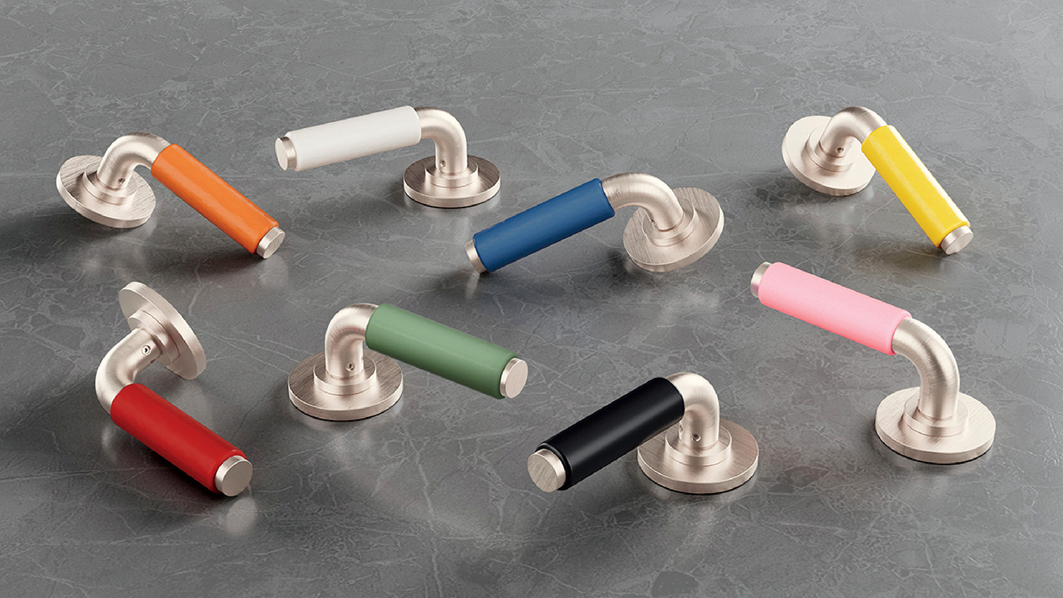 Nine metal door handles with cylindrical grips in various colors—orange, white, blue, yellow, red, green, black, pink, and gray—arranged on a gray marble surface.