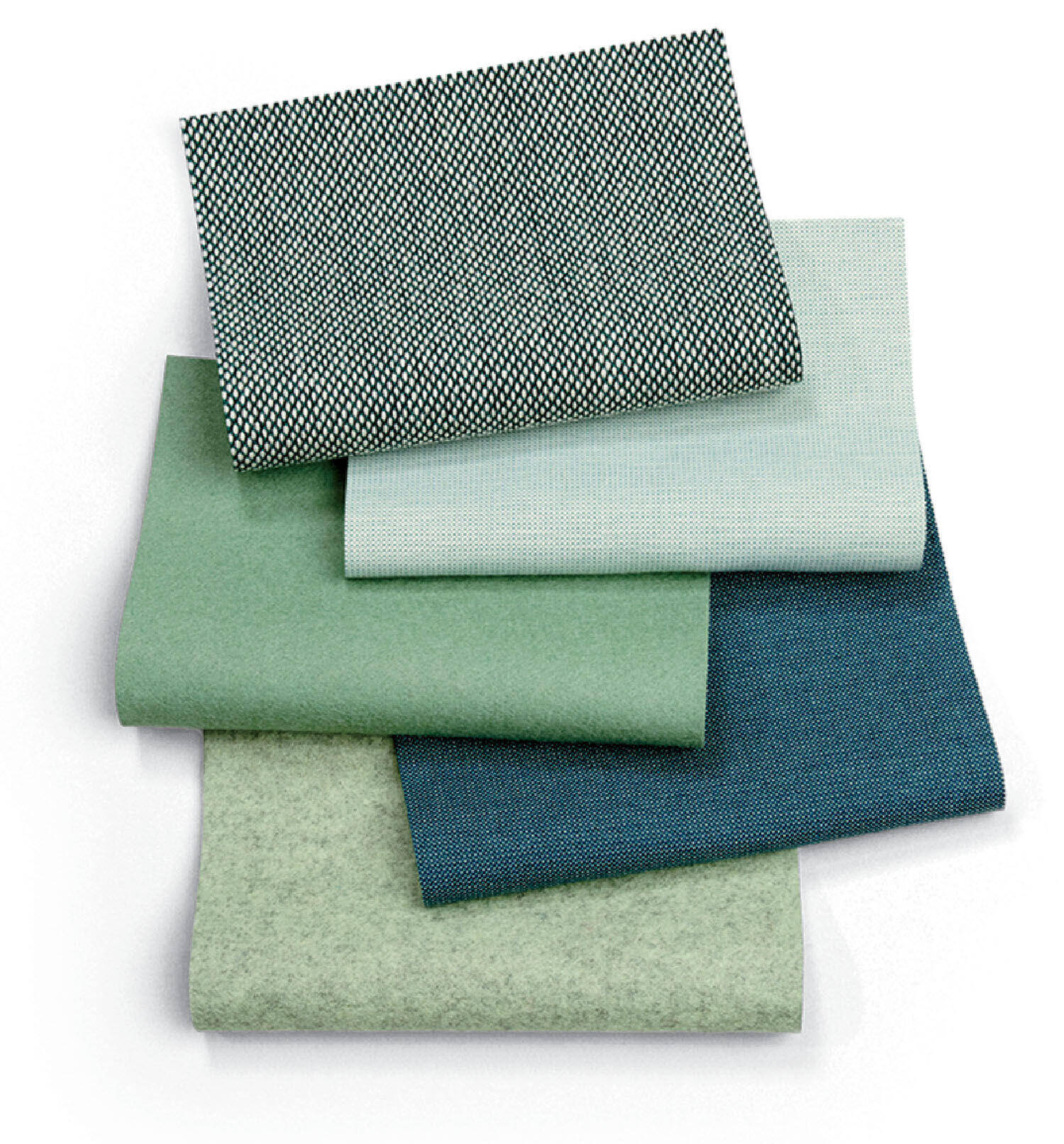 Five folded fabric swatches in various shades of green, blue, and gray, stacked on a white background.