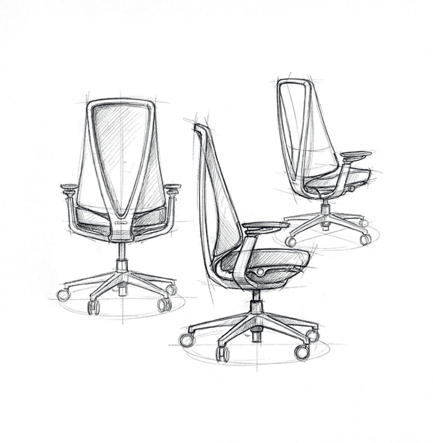 Pencil sketches of a modern office chair shown from three angles: front, side, and three-quarter view, highlighting its mesh back, armrests, and wheeled base.