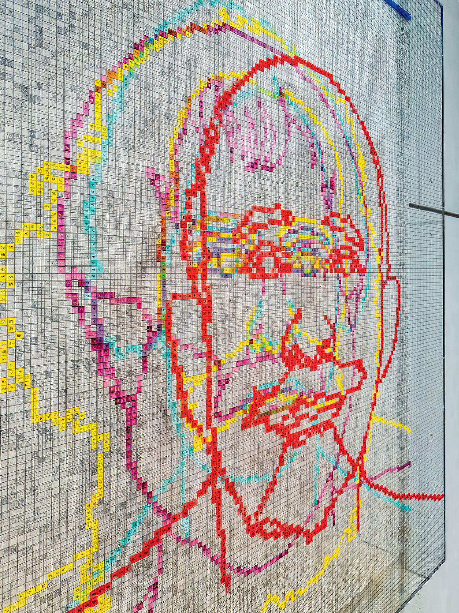 A large mosaic portrait made from colorful Rubik's cubes arranged on a grid against a tiled wall.