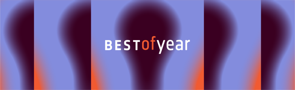 Purple and orange abstract background with the text "BEST of year" in the center, featuring a gradient lightbulb silhouette.