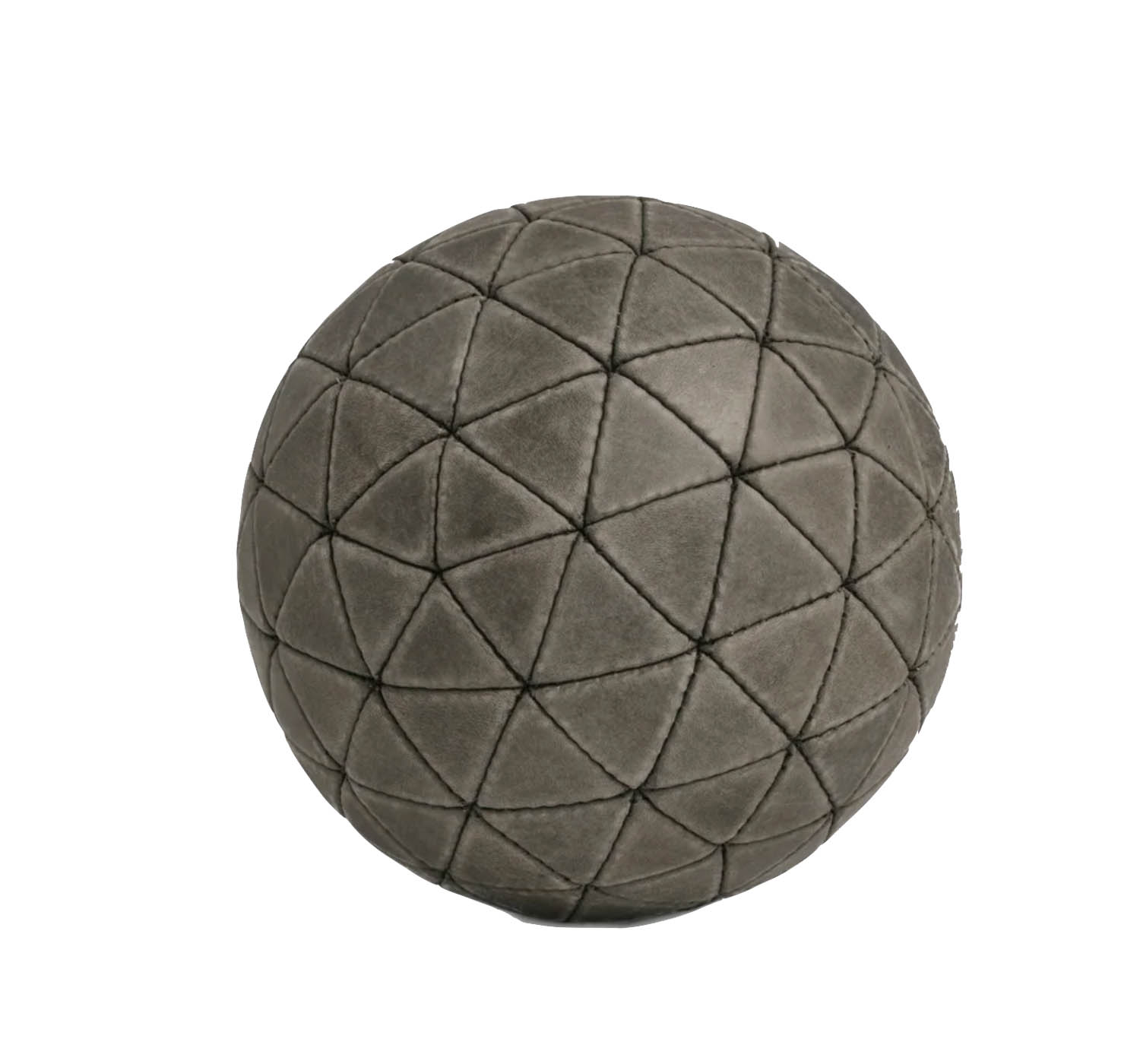 A gray spherical object with a quilted, diamond-patterned texture and visible stitching lines across its surface.