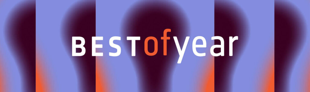 Text "BEST of year" in white and orange on a blue and purple background with blurred shapes and vertical orange lines.