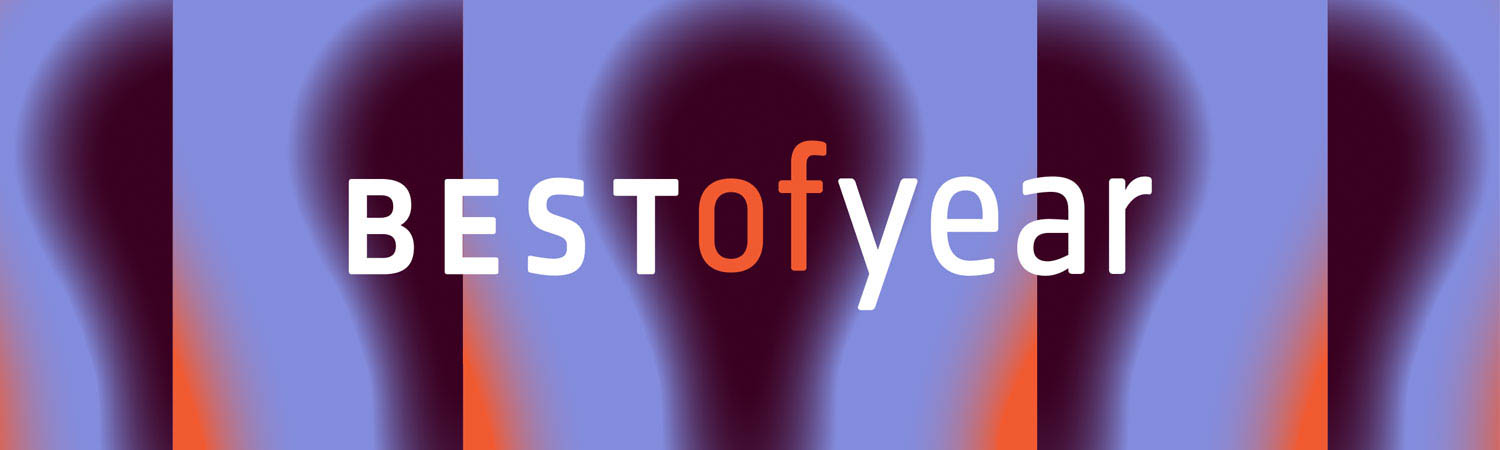 Text "BEST of year" in white and orange on a blue and purple background with blurred shapes and vertical orange lines.
