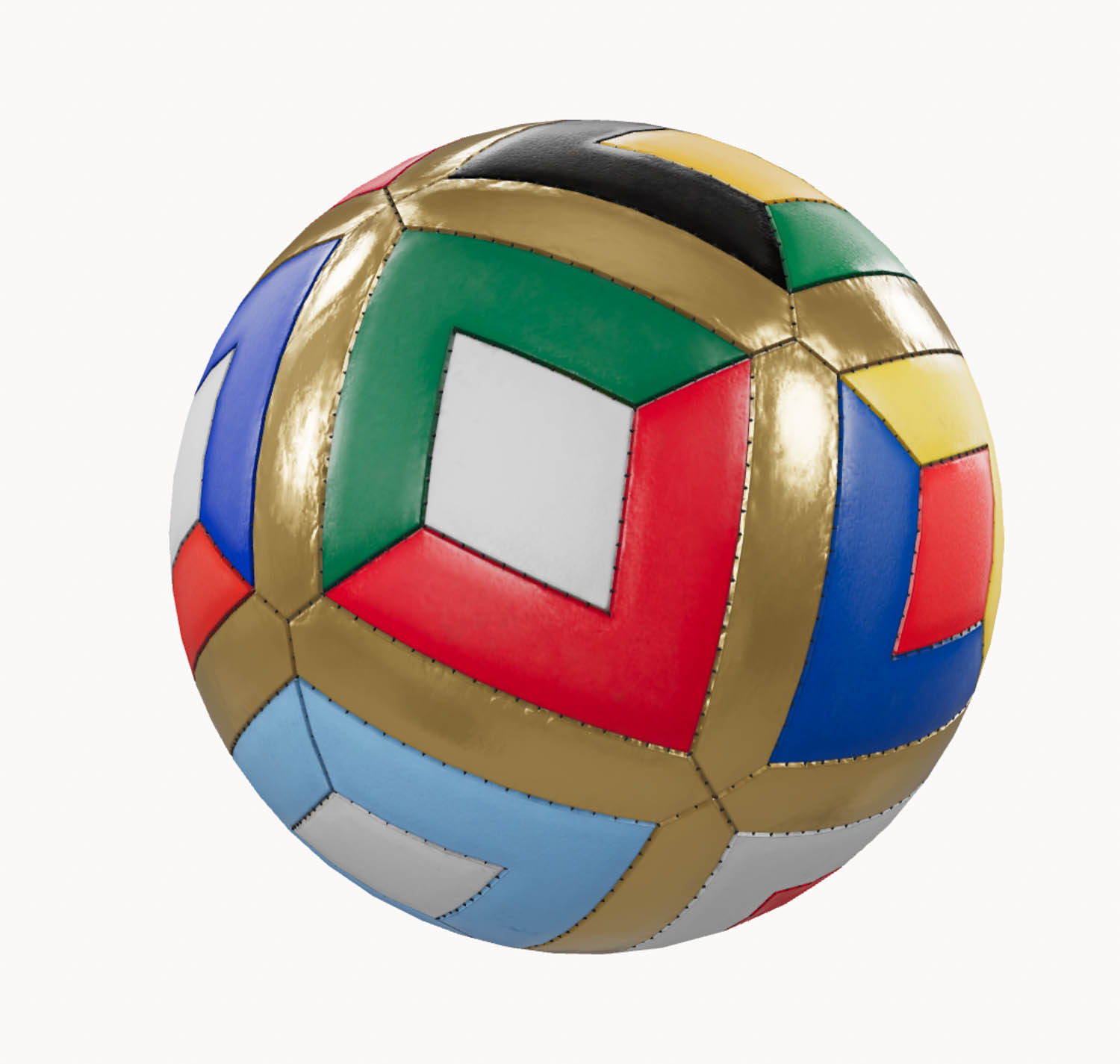 A multicolored soccer ball featuring geometric patterns in gold, red, blue, green, black, white, and yellow on a white background.