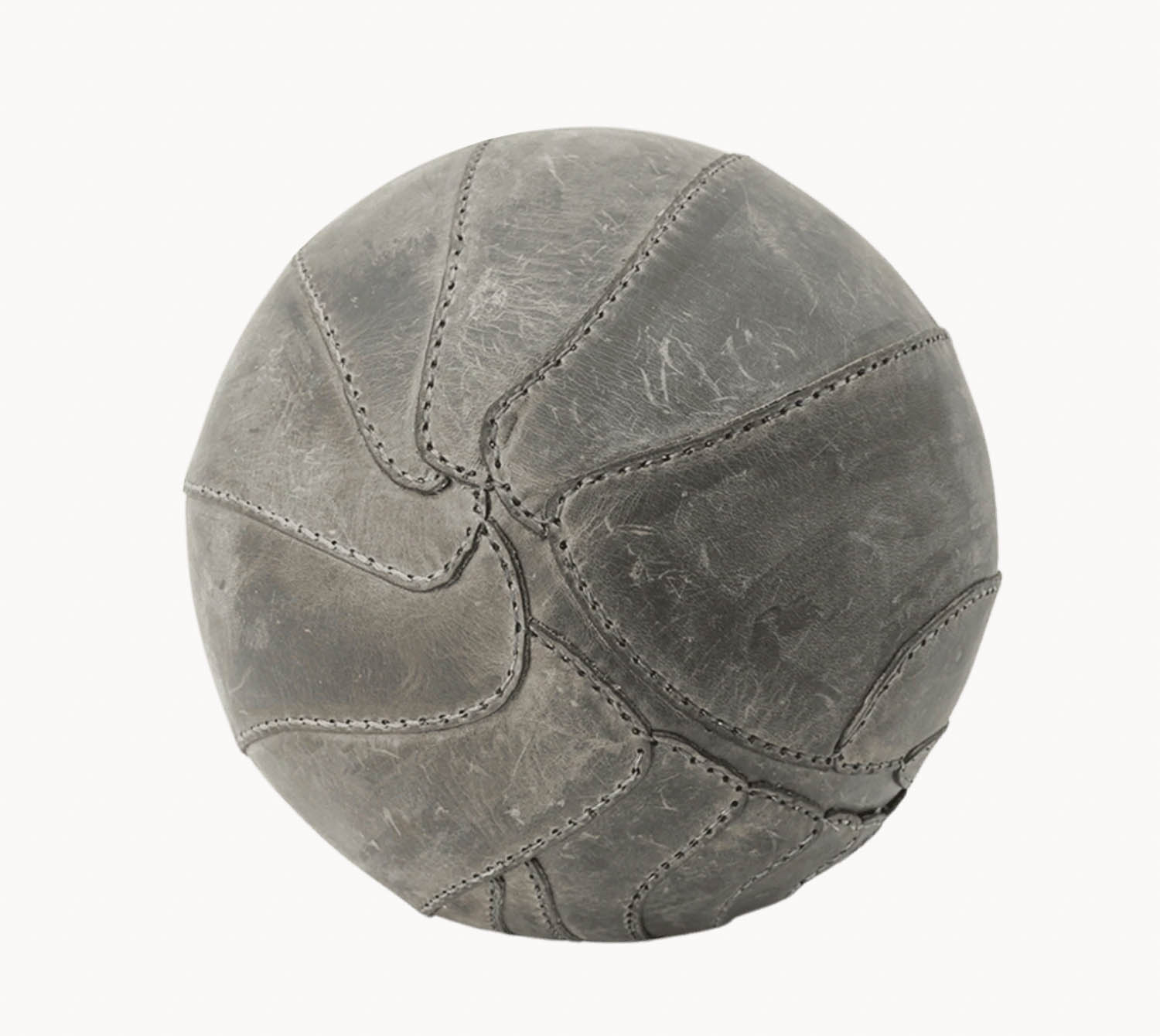 Worn, vintage leather soccer ball with visible stitching and scuff marks, photographed on a plain white background.