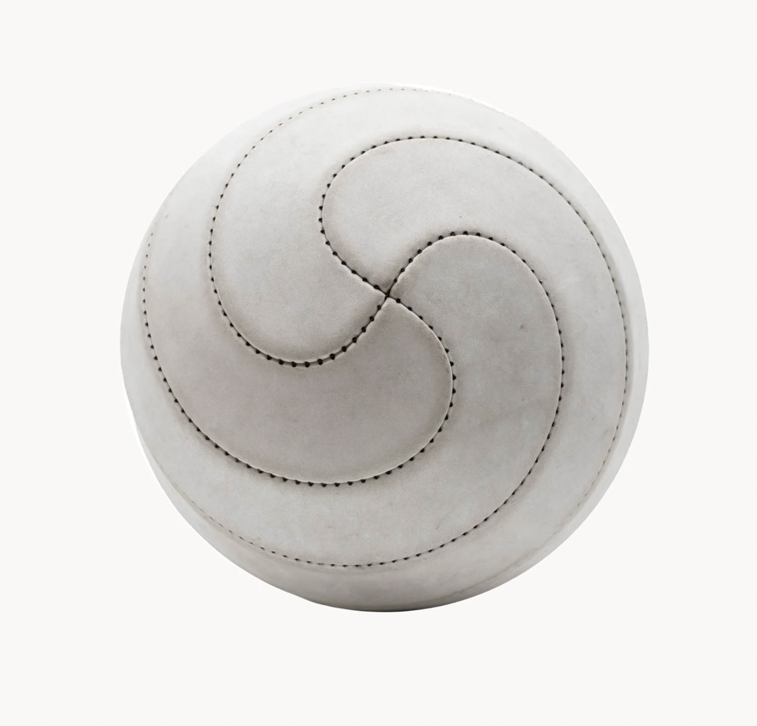 A white, round ball with curved, stitched seams forming a swirling pattern, viewed from above against a plain white background.