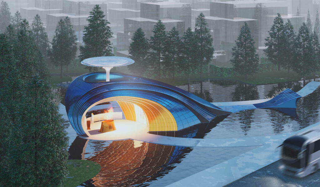 Futuristic blue building shaped like a whale, partially surrounded by water, with trees and city buildings in the background. A lighted interior is visible through an open entrance.