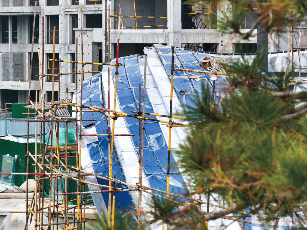 Scaffolding surrounds a partially constructed, blue and silver structure in front of an unfinished concrete building, with tree branches in the foreground.