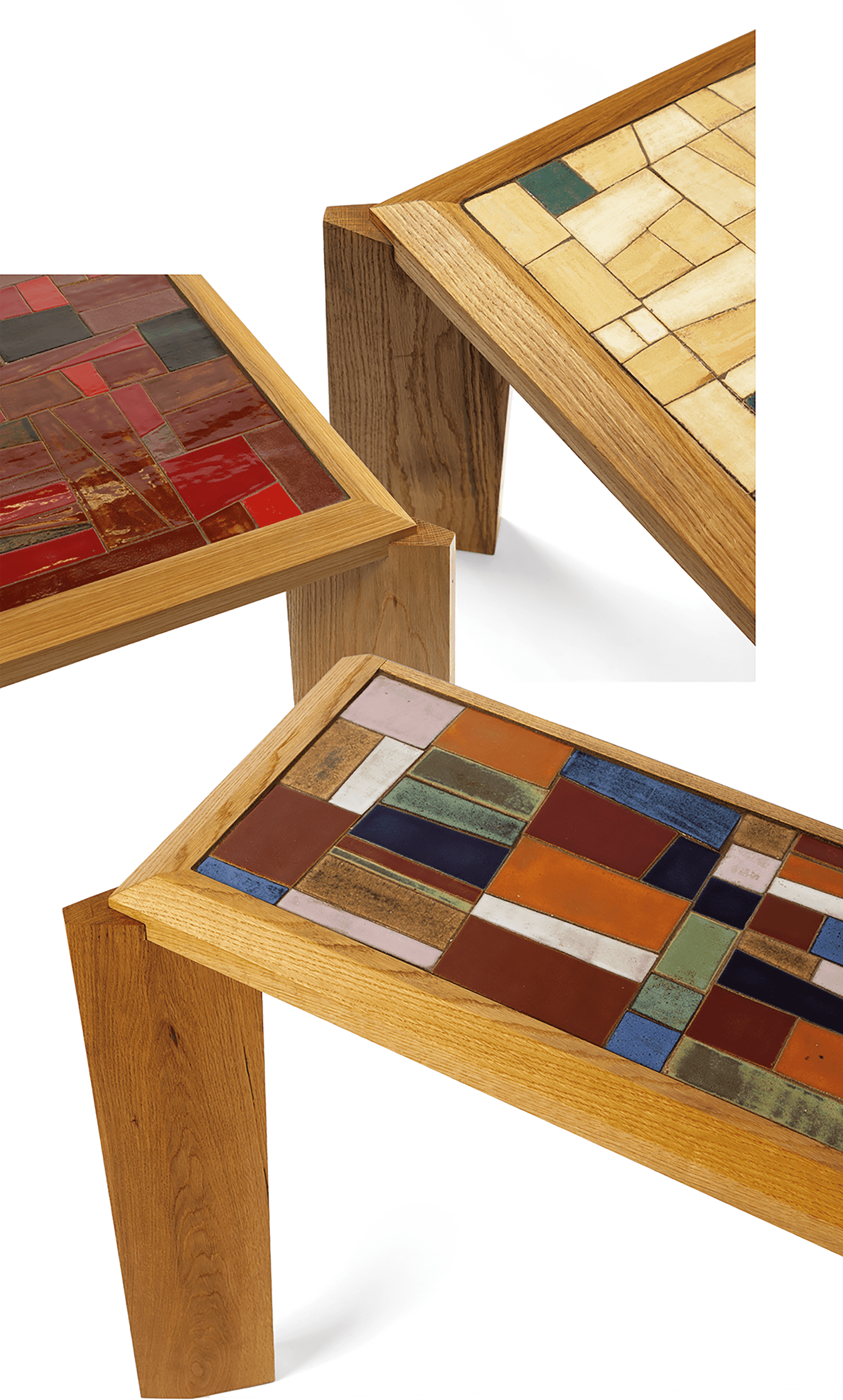 Three wooden tables with colorful geometric tile inlays on their surfaces, featuring red, yellow, and multicolor mosaic patterns, set against a white background.