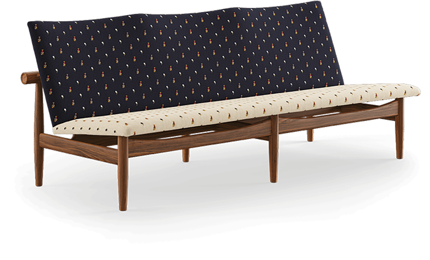 Three-seat wooden sofa with a beige seat cushion and a navy blue backrest, both featuring a small repeating pattern.