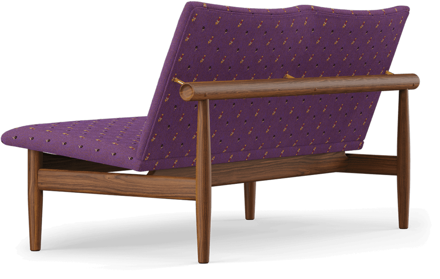 A purple upholstered sofa with a wooden frame and angled backrest, viewed from behind. The fabric features a subtle repeating pattern.