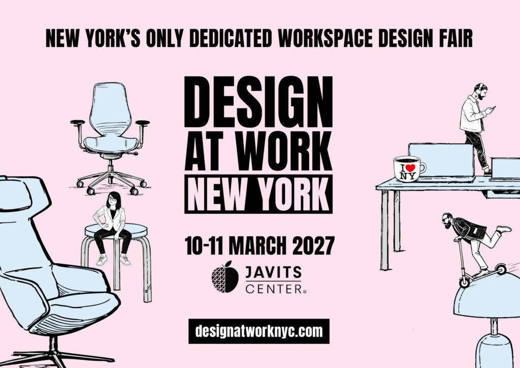 Poster for “Design at Work New York” workspace design fair, March 10–11, 2027, at Javits Center, with illustrations of office chairs, tables, and people working.