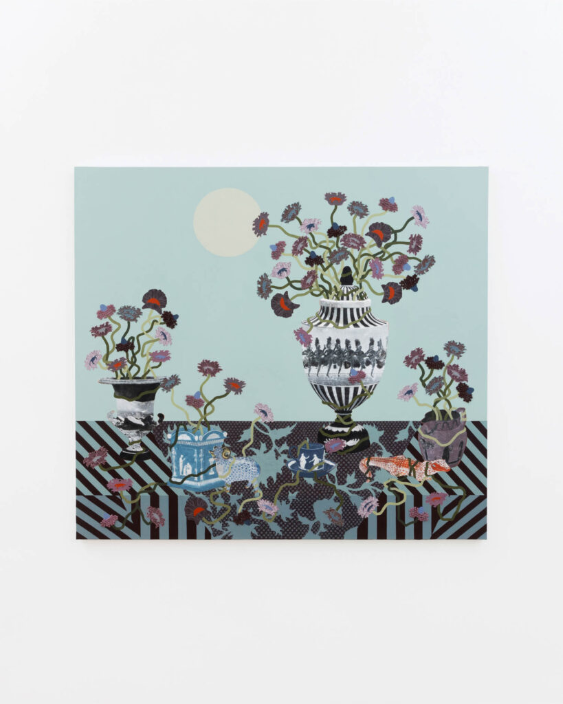 Painting of ornate vases with colorful flowers on a patterned table, striped and dotted design, light blue background, and a pale sun or moon in the sky.