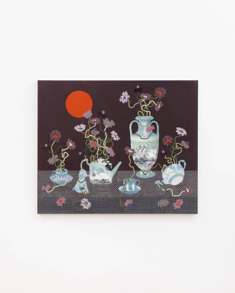 A painting of ornate vases with flowers and vines on a dotted surface, set against a dark background with a large red circle in the upper left.