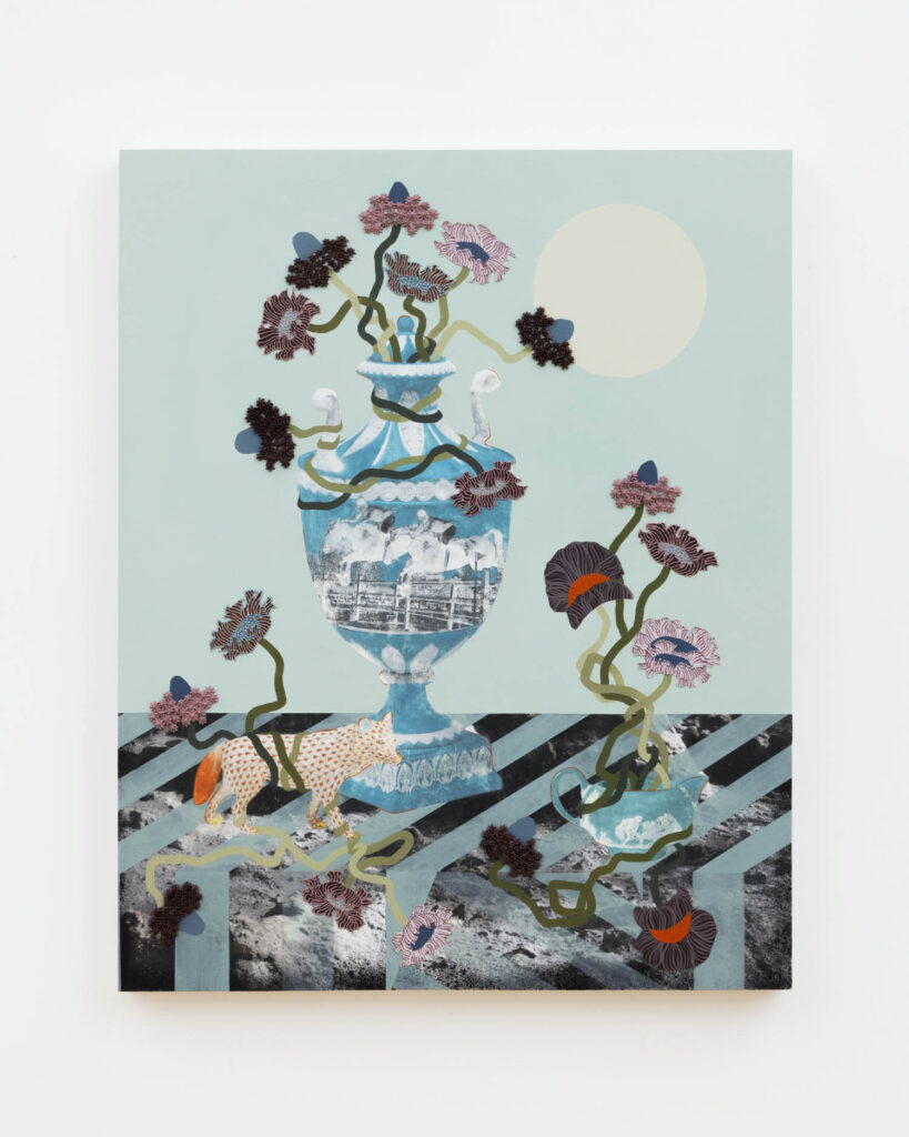 A painted vase with vines and flowers sits on a striped surface with a small animal nearby; a pale sun or moon is in the background against a light blue sky.