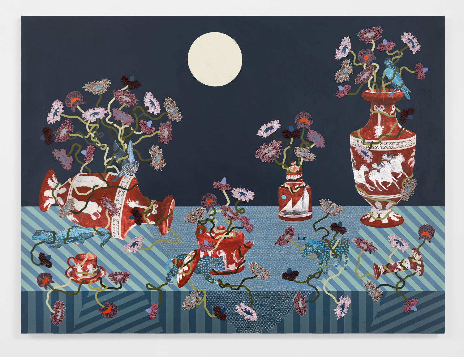 A still life painting with red vases, Greek-style figures, flowers, and horses, set on a patterned table beneath a large moon against a dark sky.