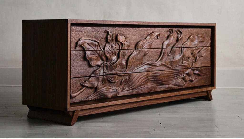 A wooden dresser with three drawers, featuring an intricate carved floral and leaf design across the front panels, set against a plain wall.