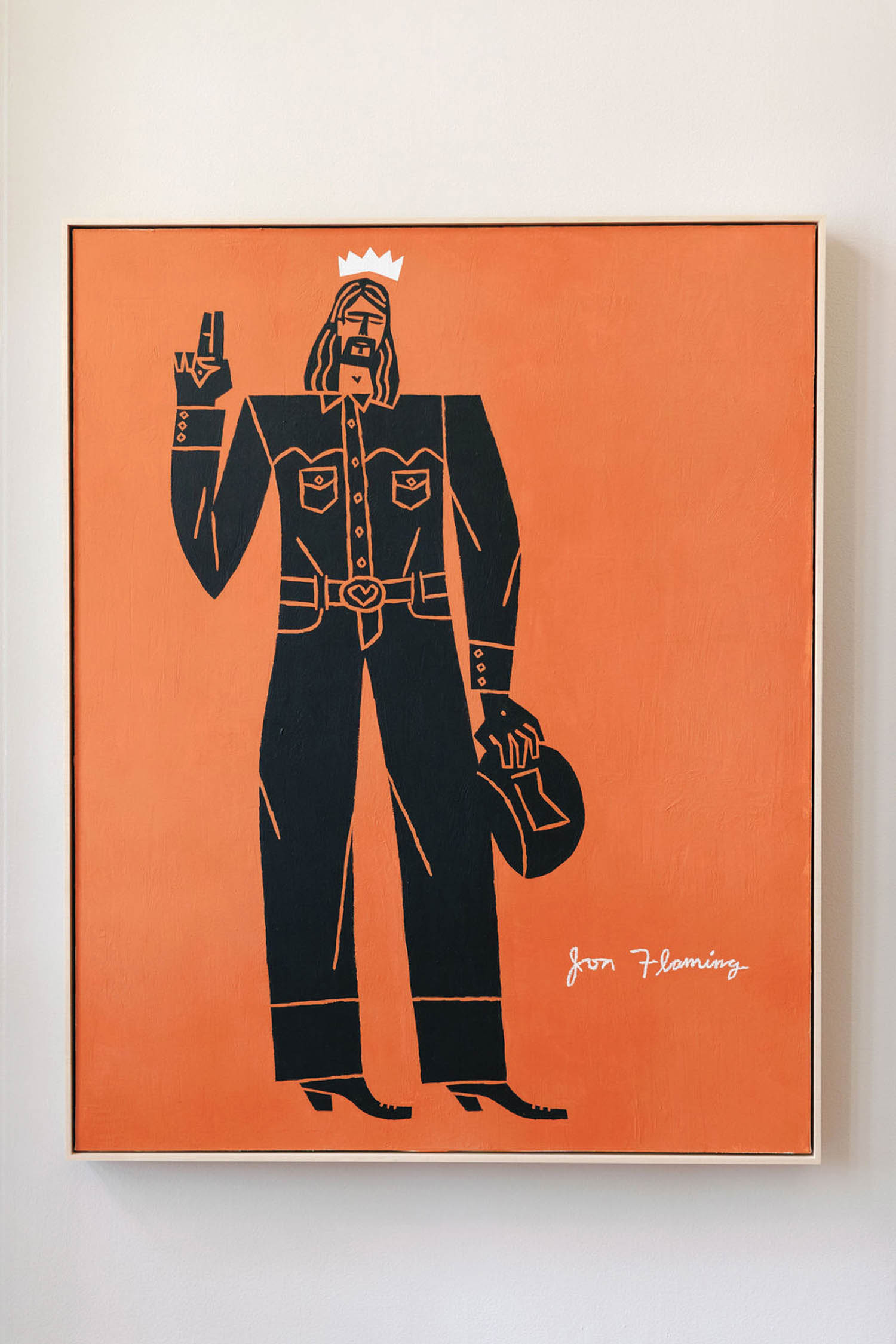 A painting of a person in a black cowboy outfit holding a hat, raising one hand, with a white crown above their head, set against an orange background.
