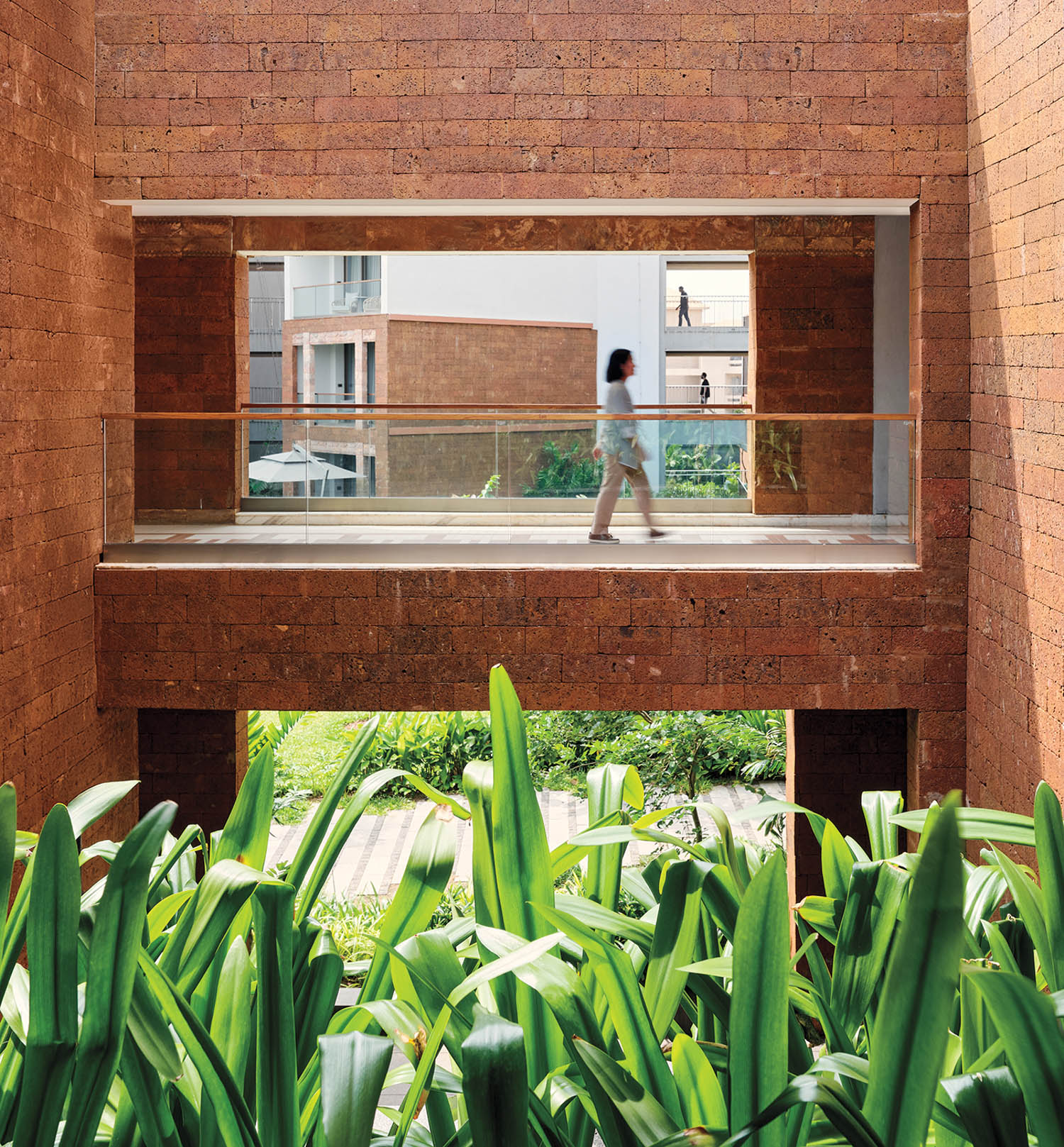 Person walking on a glass-walled corridor in a modern brick building, with green plants in the foreground and other buildings visible in the background.