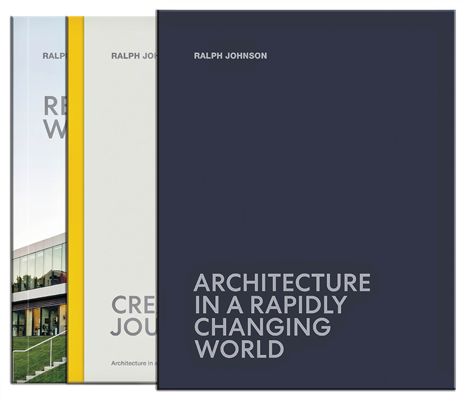 Three books by Ralph Johnson are displayed, with the front book titled “Architecture in a Rapidly Changing World” in white text on a dark cover.