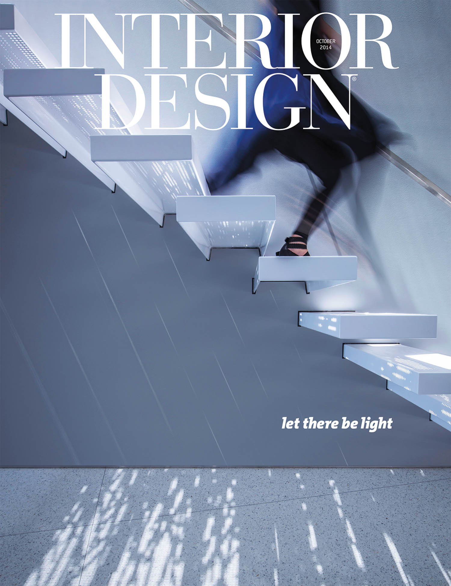 A person walks down a modern floating staircase with perforated steps casting light patterns on the wall; text reads “INTERIOR DESIGN” and “let there be light.”.