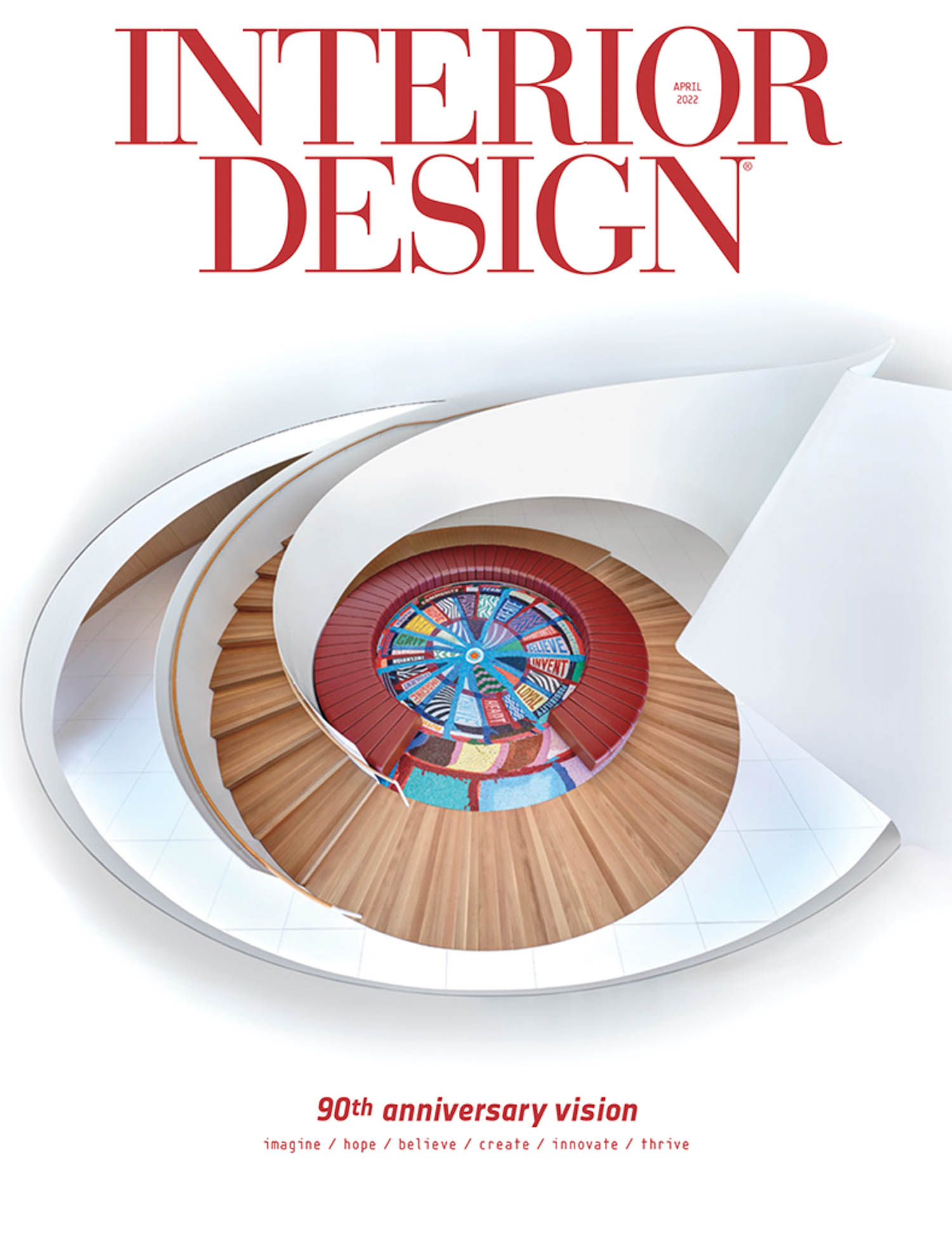 The cover of Interior Design magazine shows a spiral staircase with a colorful circular floor art at the bottom; “90th anniversary vision” text appears below the title.