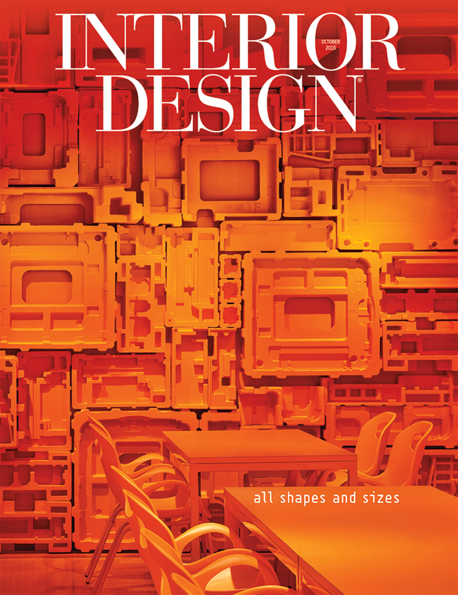 Cover of Interior Design magazine featuring orange geometric wall panels, chairs, and tables with the text “all shapes and sizes.”.