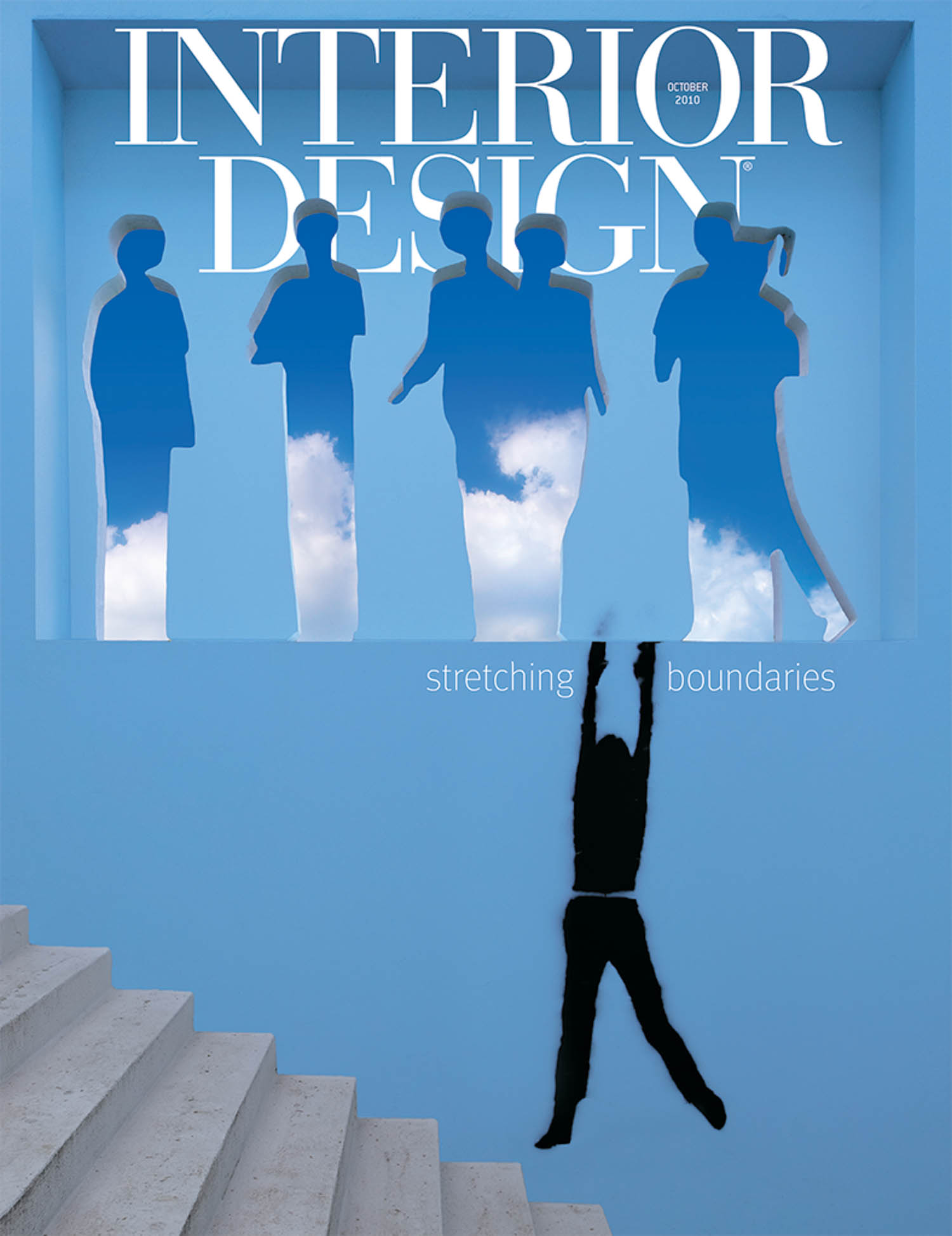 A magazine cover with five human-shaped cutouts showing clouds, a silhouette hanging from one cutout, and the words “INTERIOR DESIGN” and “stretching boundaries.”.