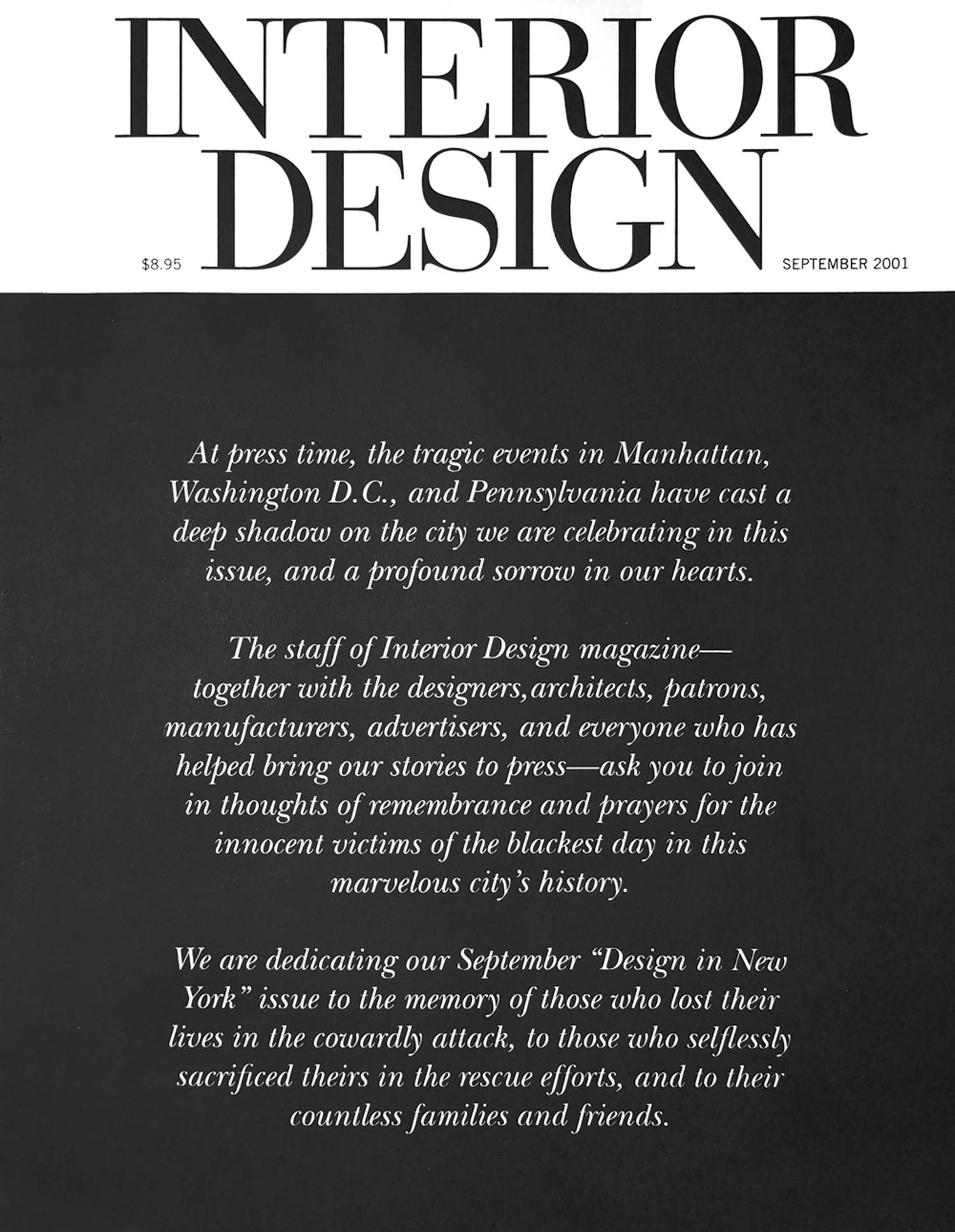 A magazine page with an “Interior Design” header and a message reflecting on 9/11, dedicating the issue to victims, their families, and those who helped during the tragedy.