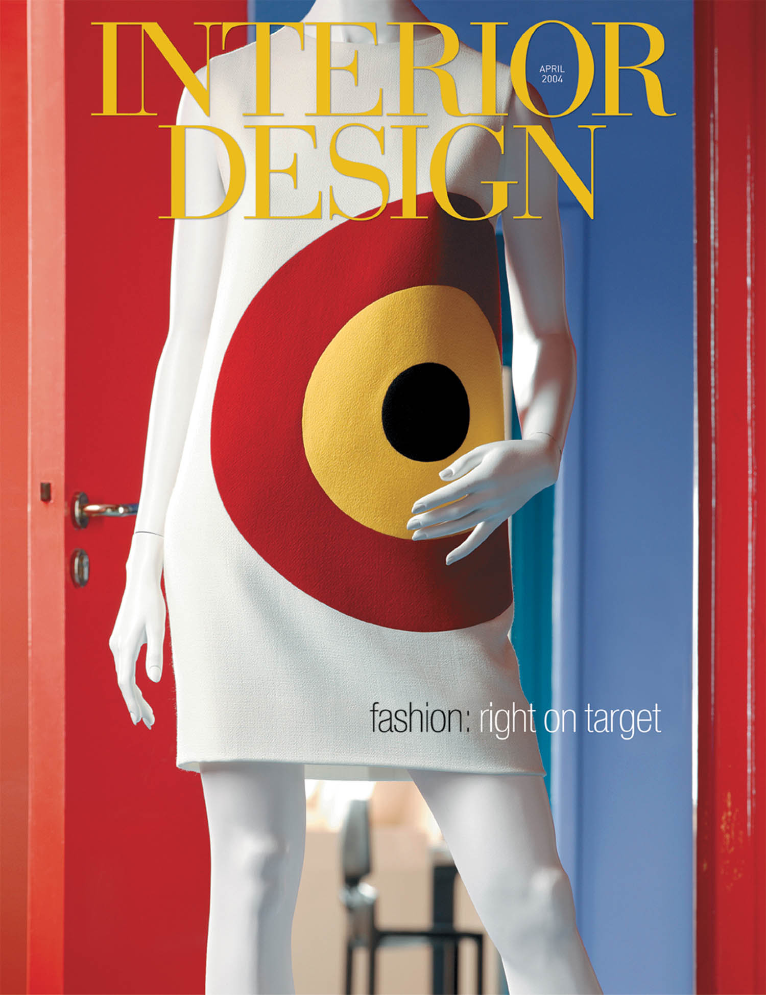 A mannequin in a white dress with red, yellow, and black circles stands in a colorful doorway. Text reads “INTERIOR DESIGN” and “fashion: right on target.”.
