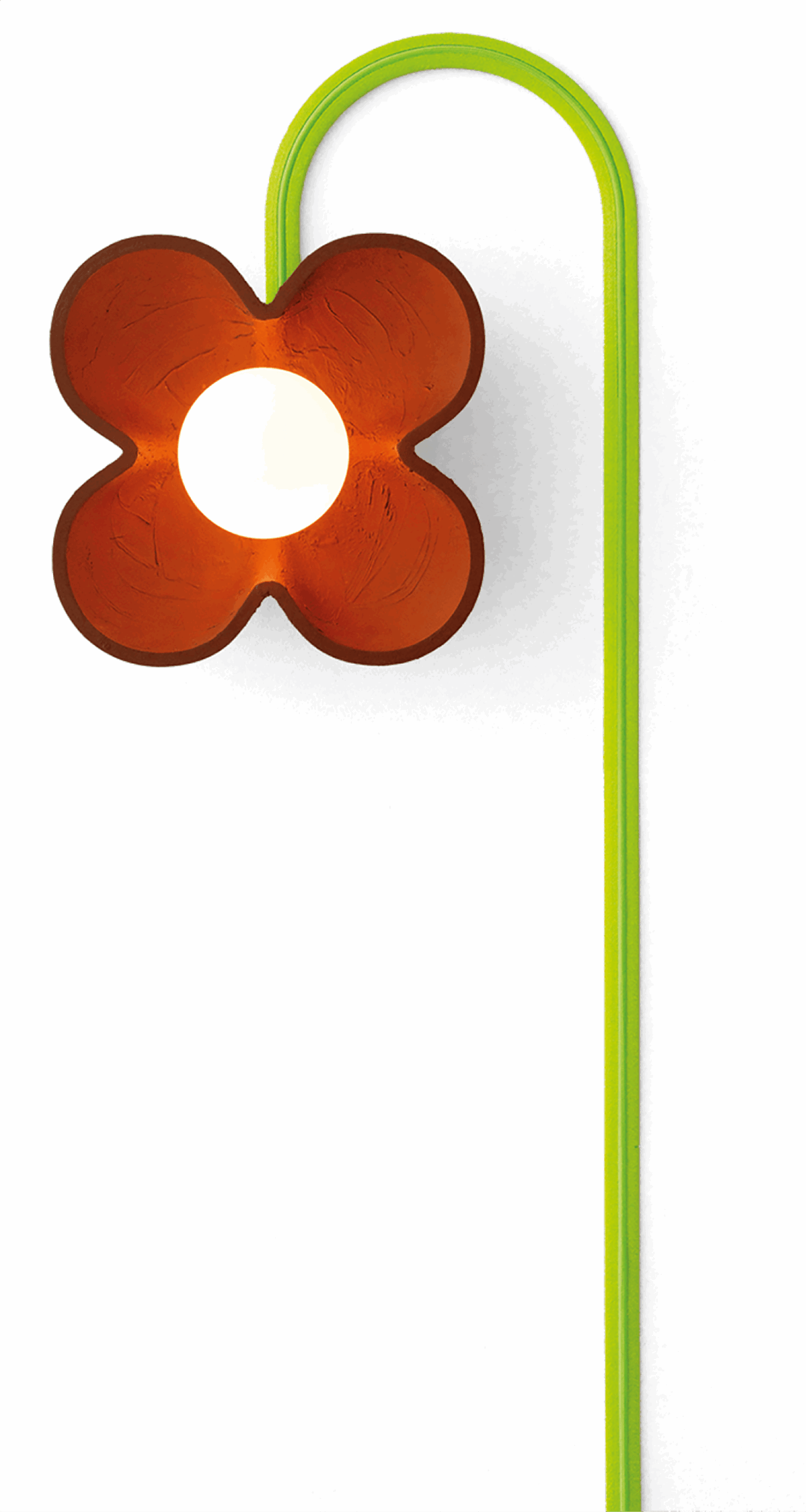 A lamp with a bright round bulb, orange flower-shaped shade, and a curved green stem against a white background.