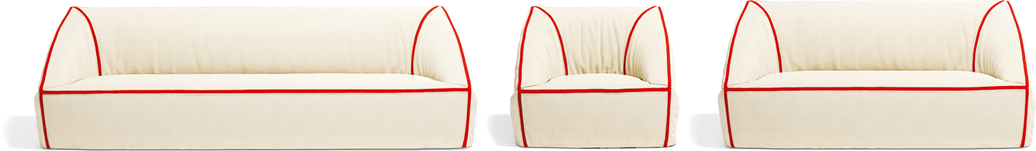 Three cream-colored couches with red trim, shown in different sizes, are arranged side by side against a white background.