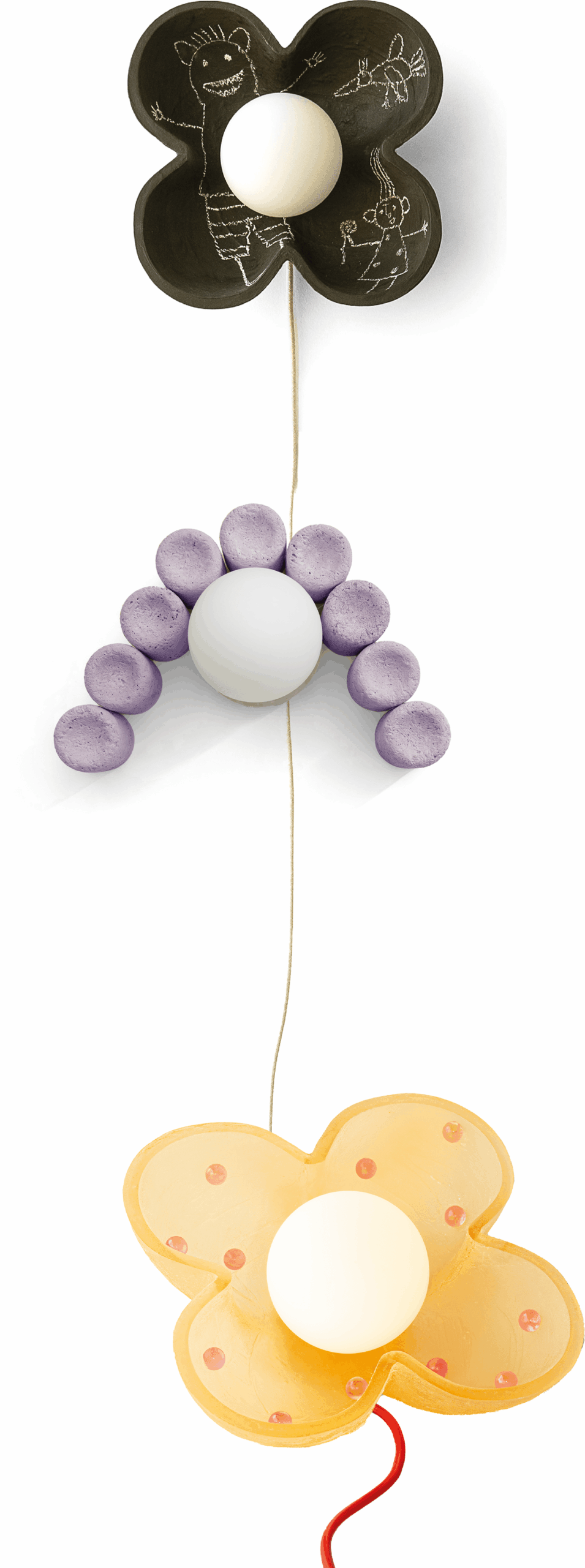 Three decorative light fixtures shaped like flowers and an arch, each with a central round bulb, connected vertically by a cord.