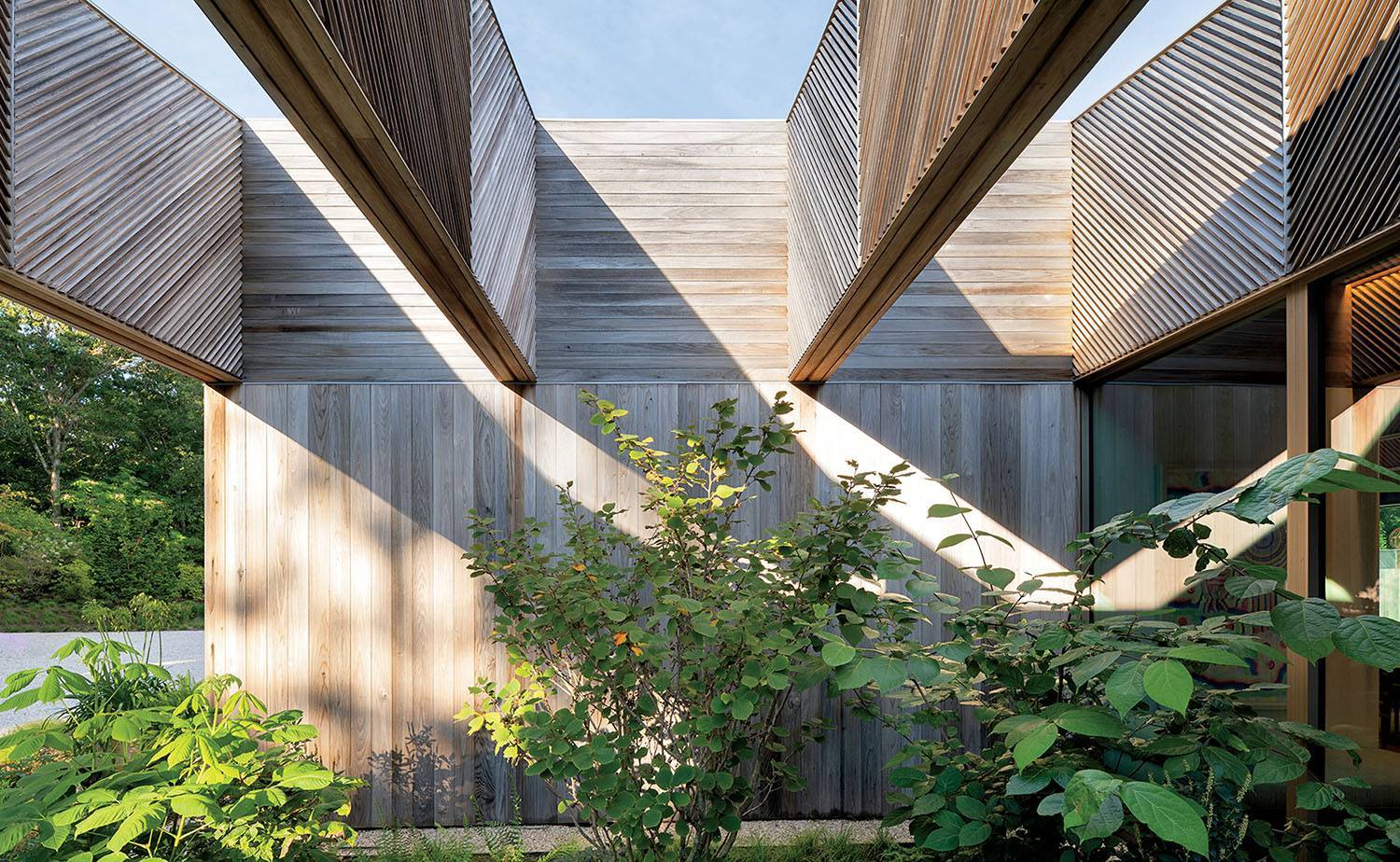 Modern wooden courtyard with vertical and diagonal slatted panels, sunlight casting shadows, and green plants growing in the center.