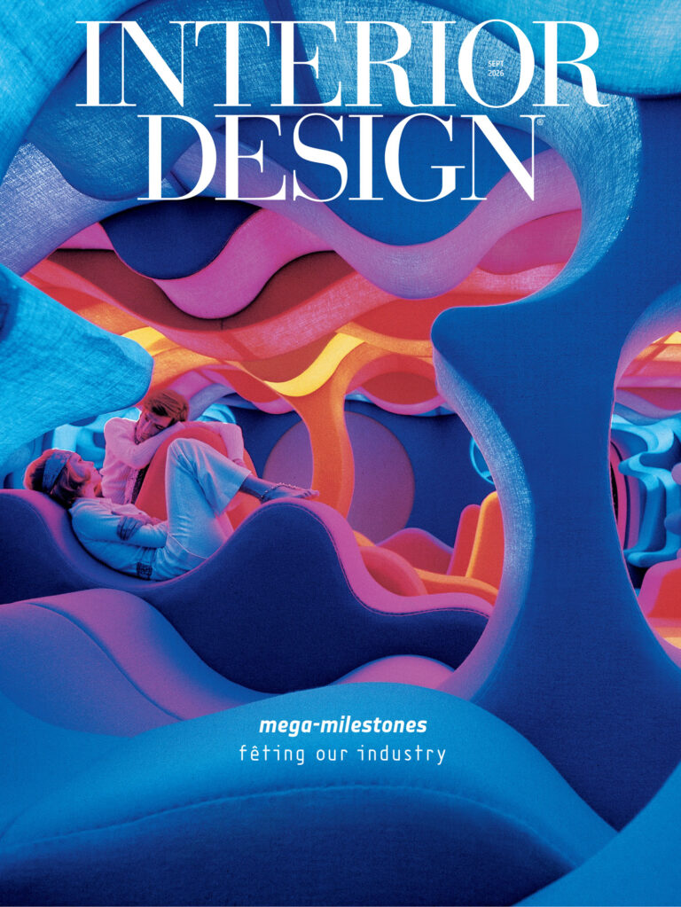 Two people relax in a colorful, abstract, wavy environment under the bold text “INTERIOR DESIGN” and the subheading “mega-milestones fêting our industry.”.