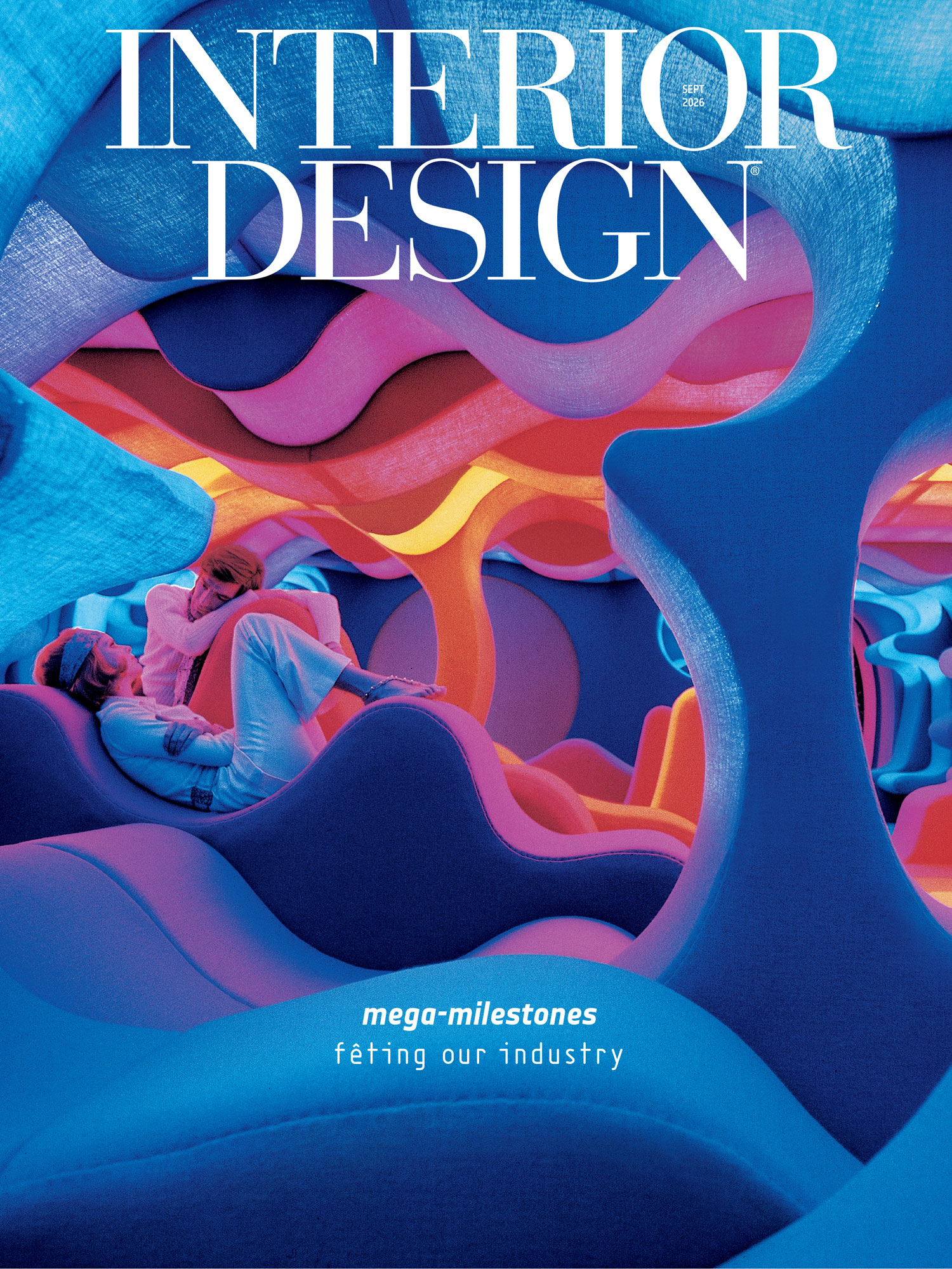 Two people relax on curved, colorful seating inside a vibrant, abstract interior space. The text reads “INTERIOR DESIGN” with smaller text below about industry milestones.